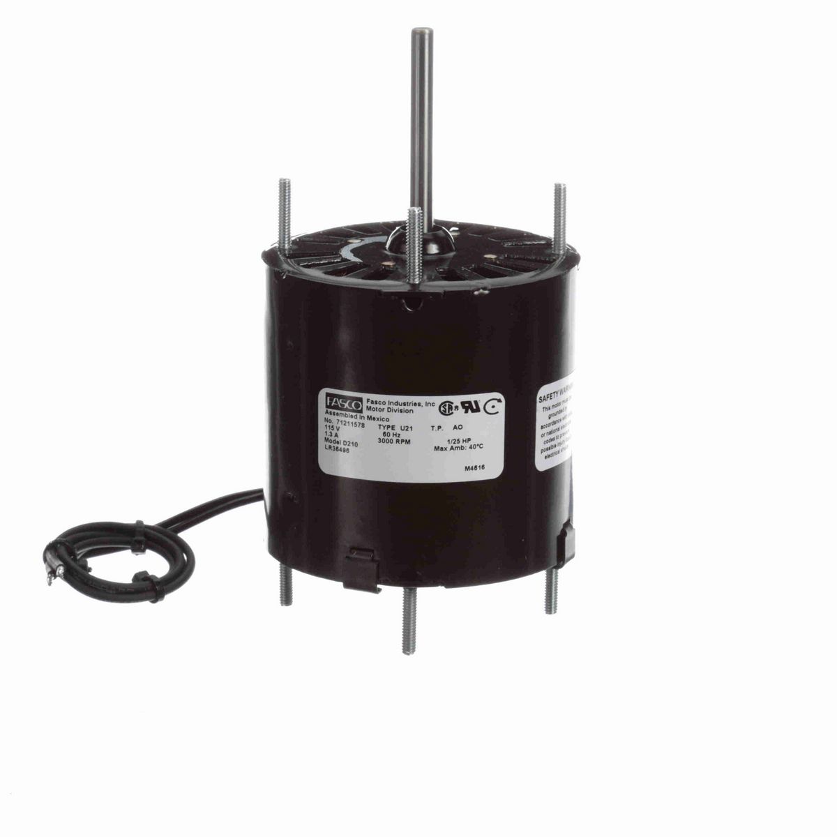 FASCO Fan and Blower Motor, 1/25 HP, 1 Ph, 60 Hz, 115 V, 3000 RPM, 1 Speed, 3.3" Diameter, OAO - D210