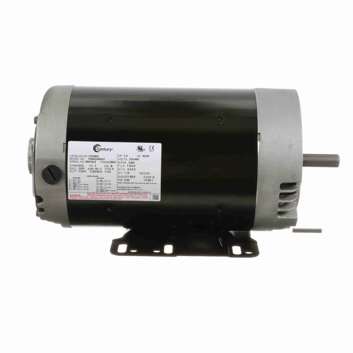 Century General Purpose Motor, 3.0 HP, 3 Ph, 60 Hz, 230/460 V, 3600 RPM, 56HC Frame, ODP - H742ES