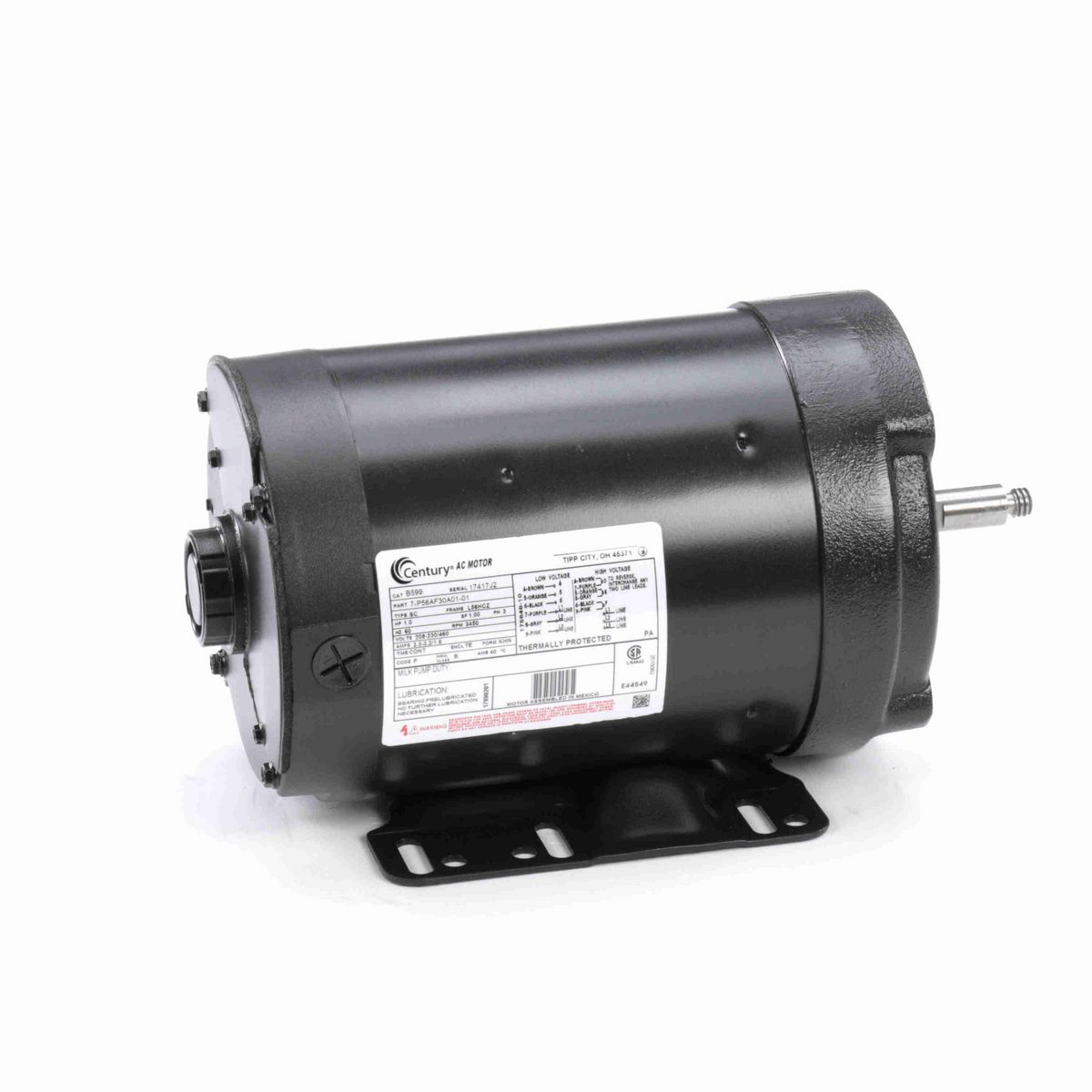 Century General Purpose Farm Duty Motor, 1.0 HP, 3 Ph, 60 Hz, 208-230/460 V, 3600 RPM, L56HCZ Frame, TENV - B599
