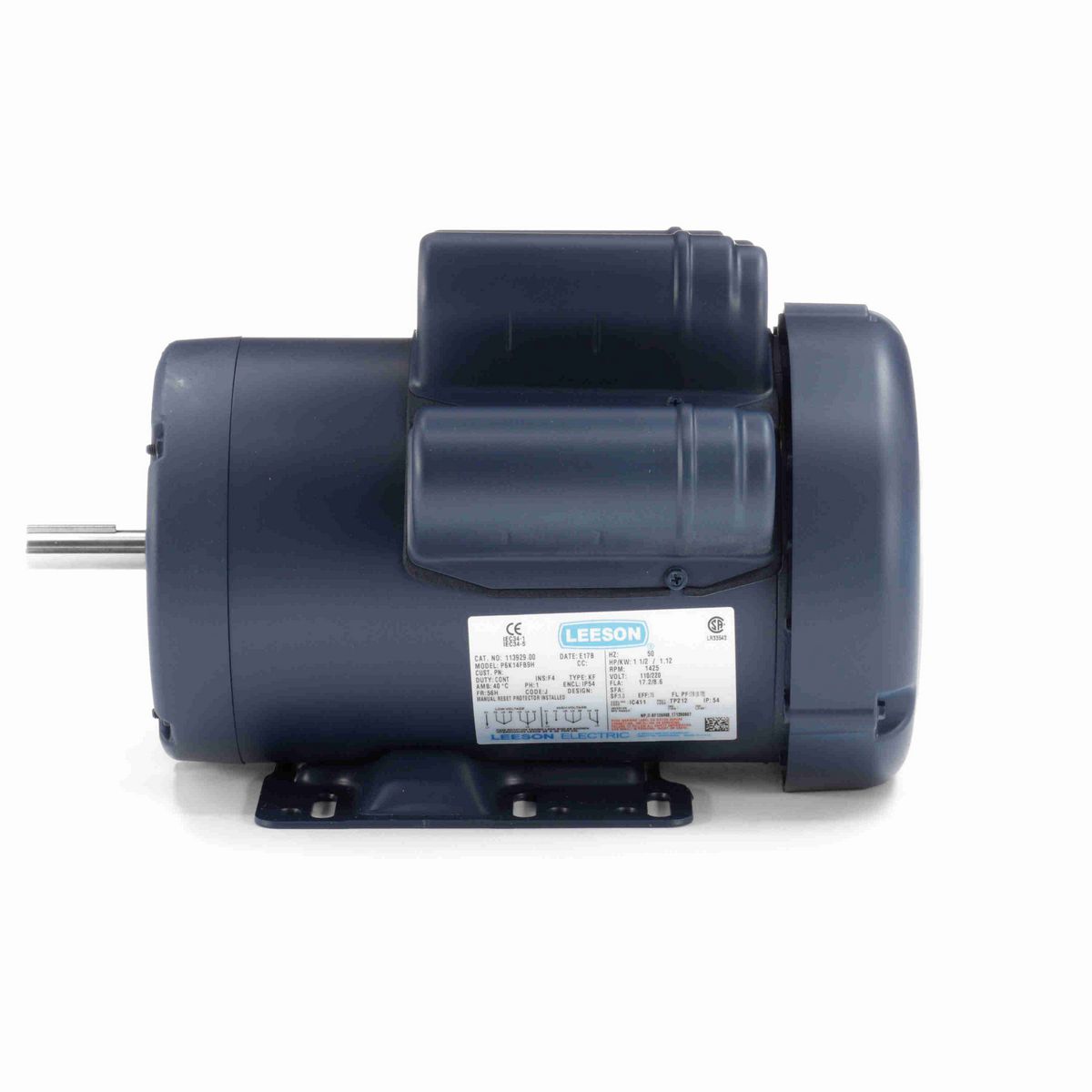 LEESON Special Voltage Motor, 1.50 HP, 1 Ph, 50 Hz, 110/220 V, 1500 RPM, 56H Frame, TEFC - 113929.00