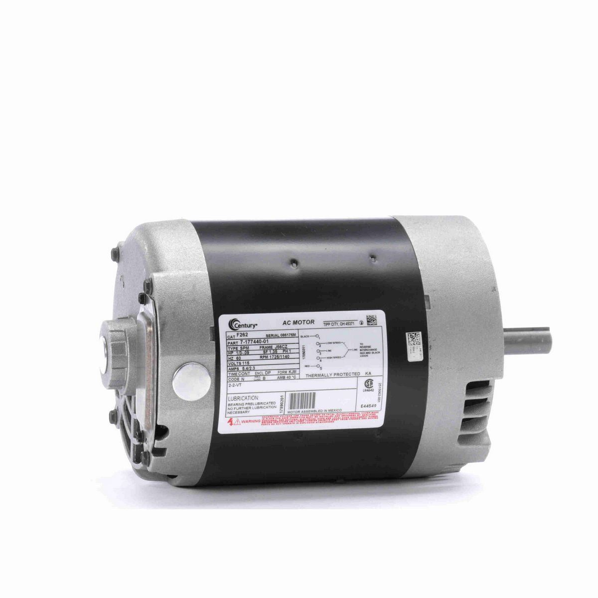 Century Ventilation Motor, 1/3-.09 HP, 1 Ph, 60 Hz, 115 V, 1800 RPM, J56CZ Frame, DP - F262