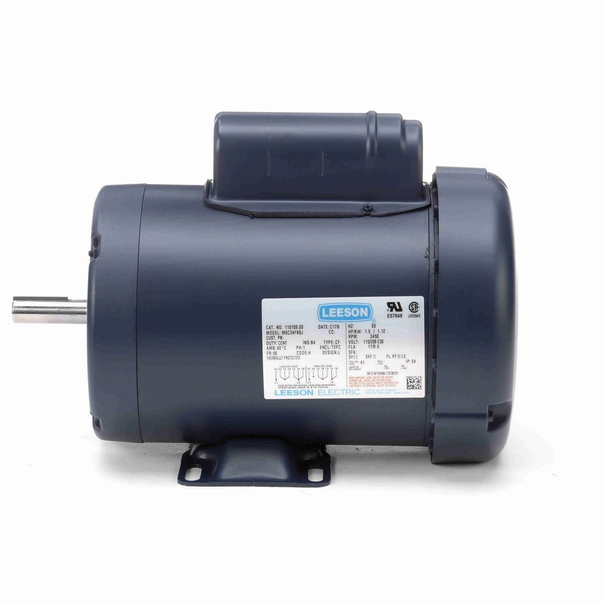 LEESON General Purpose Motor, 1.50 HP, 1 Ph, 60 Hz, 115/230 V, 3600 RPM, 56 Frame, TEFC - 110109.00