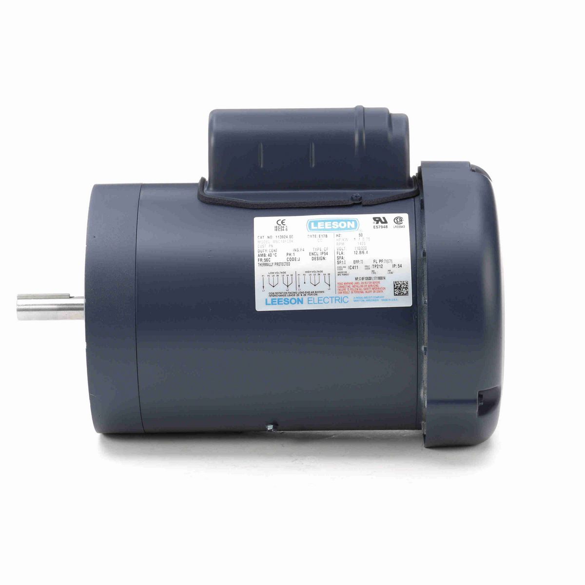 LEESON Special Voltage Motor, 1 HP, 1 Ph, 50 Hz, 110/220 V, 1500 RPM, 56C Frame, TEFC - 113924.00