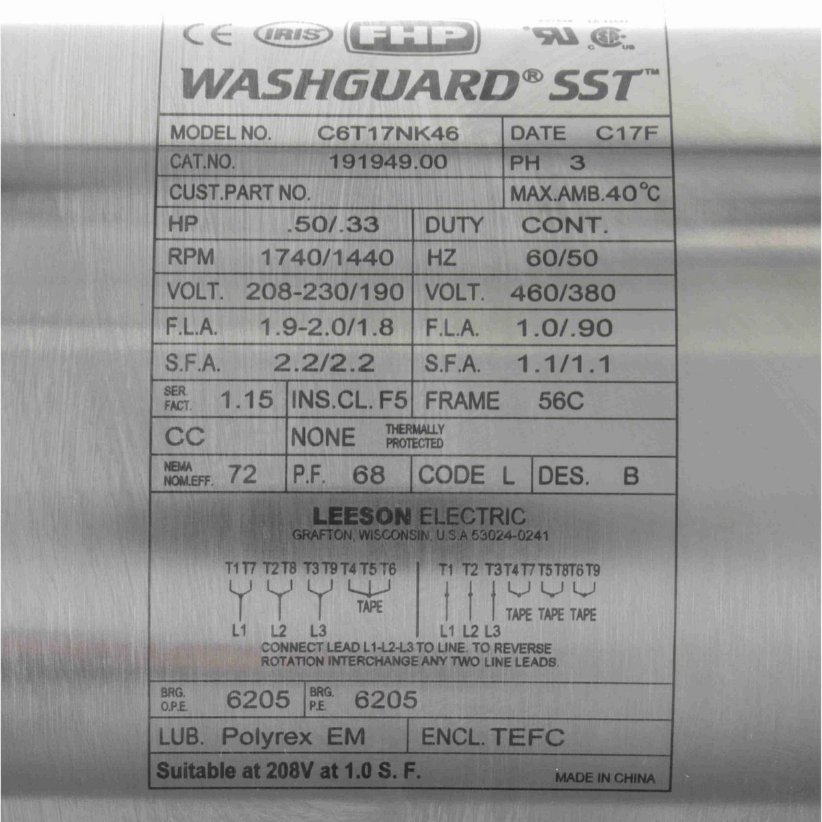 LEESON SST Duck™ General Purpose Motor, 0.50 & 0.33 HP, 3 Ph, 60 & 50 Hz, 230/460 & 190/380 V, 1800 & 1500 RPM, 56C Frame, TEFC - 191949.00