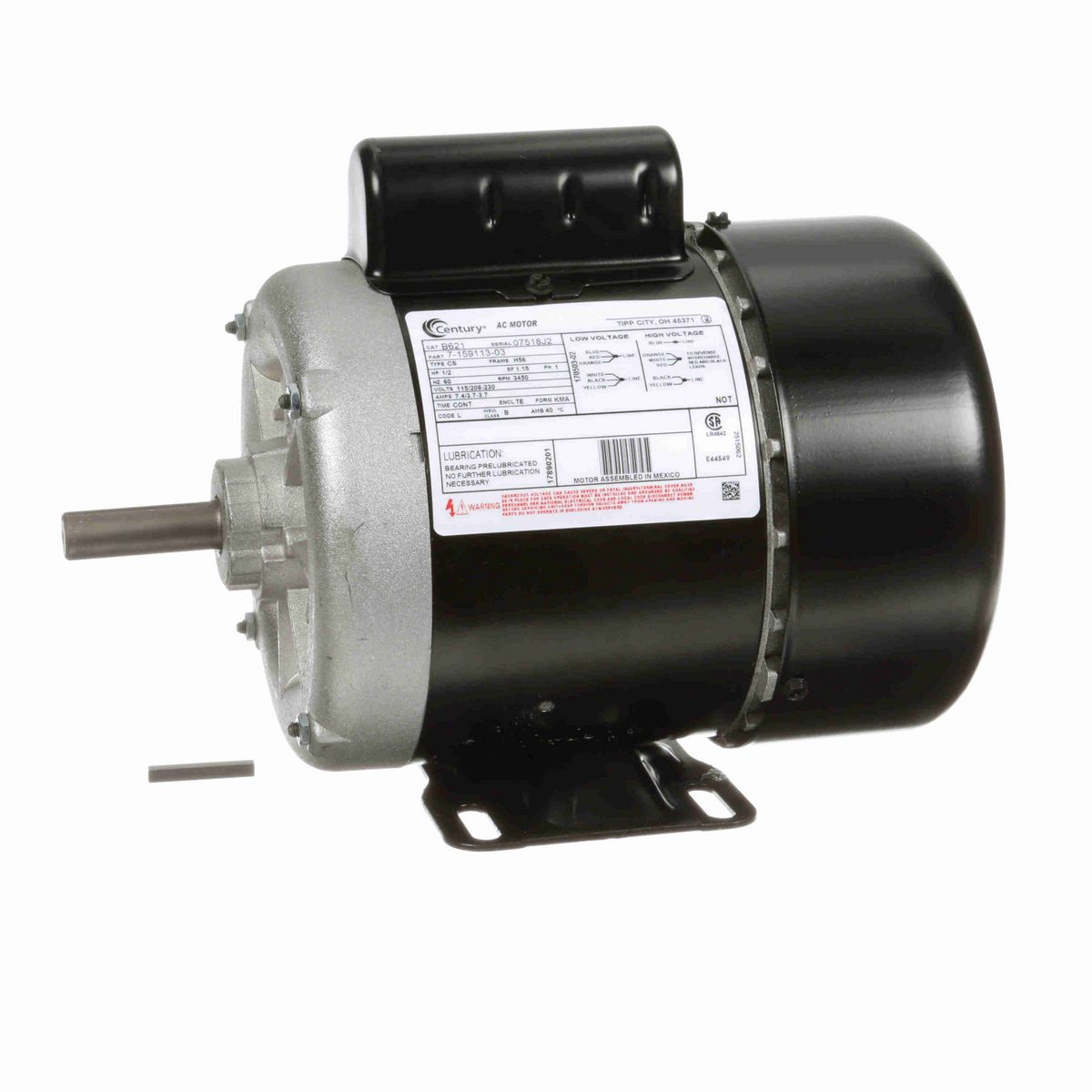 Century General Purpose Farm Duty Motor, 1/2 HP, 1 Ph, 60 Hz, 115/208-230 V, 3600 RPM, H56 Frame, TEFC - B621
