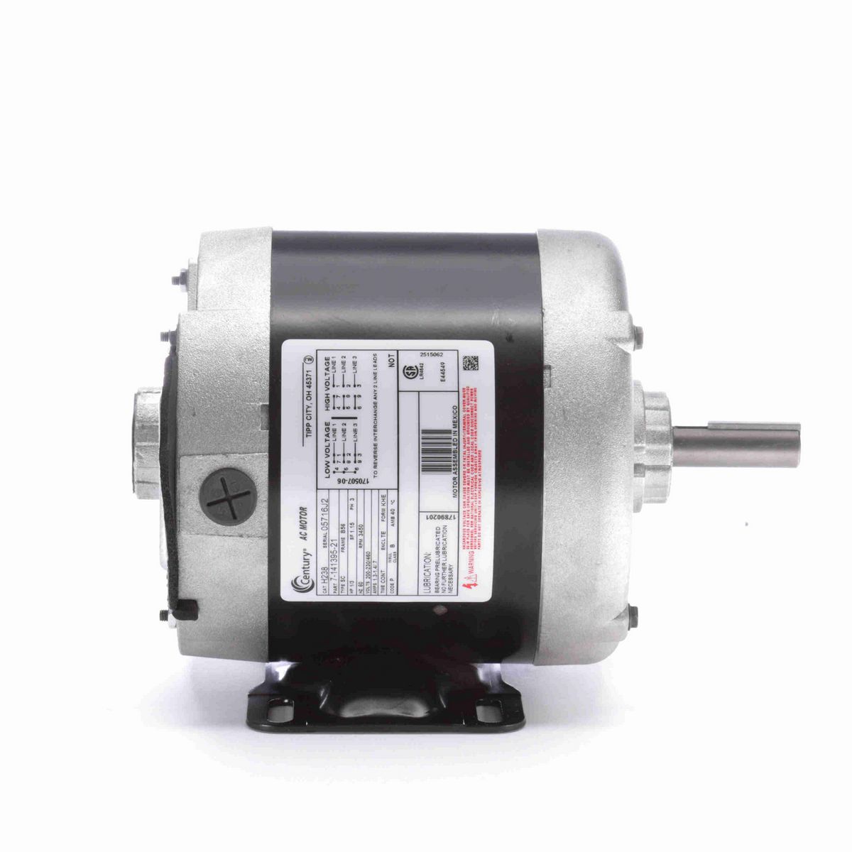 Century General Purpose Motor, 1/3 HP, 3 Ph, 60 Hz, 200-230/460 V, 3600 RPM, B56 Frame, TENV - H238