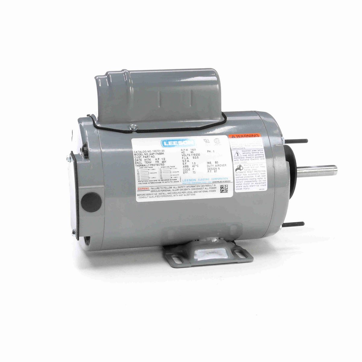 LEESON Agricultural Motor, 0.50 HP, 1 Ph, 60 Hz, 115/230 V, 1800 RPM, 48Y Frame, TENV - M099801.00