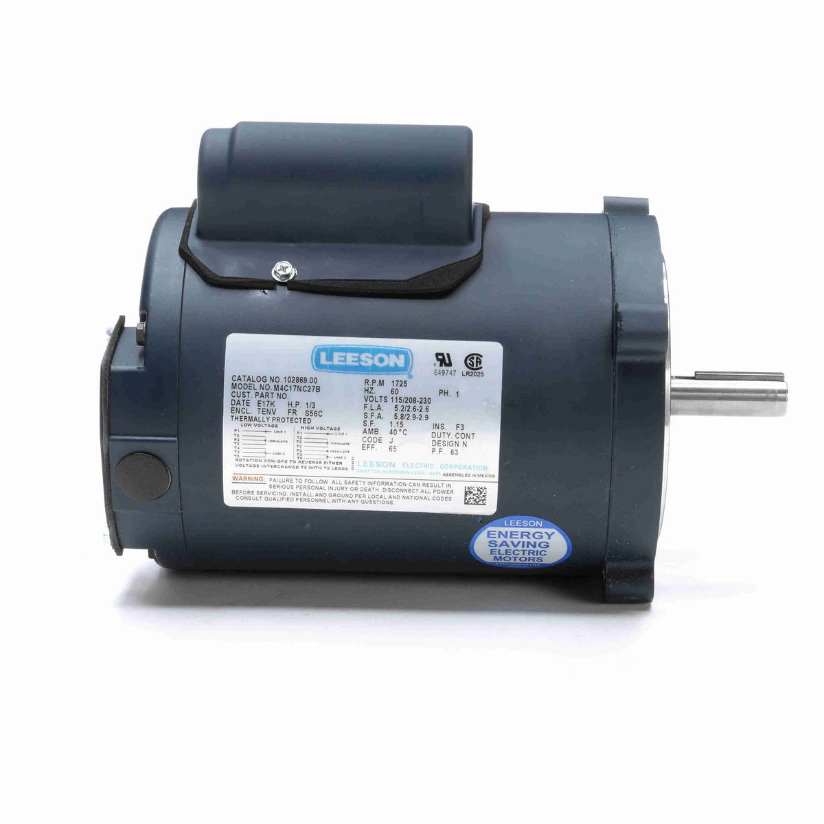 LEESON General Purpose Motor, 0.33 HP, 1 Ph, 60 Hz, 115/230 V, 1800 RPM, S56C Frame, TENV - 102869.00