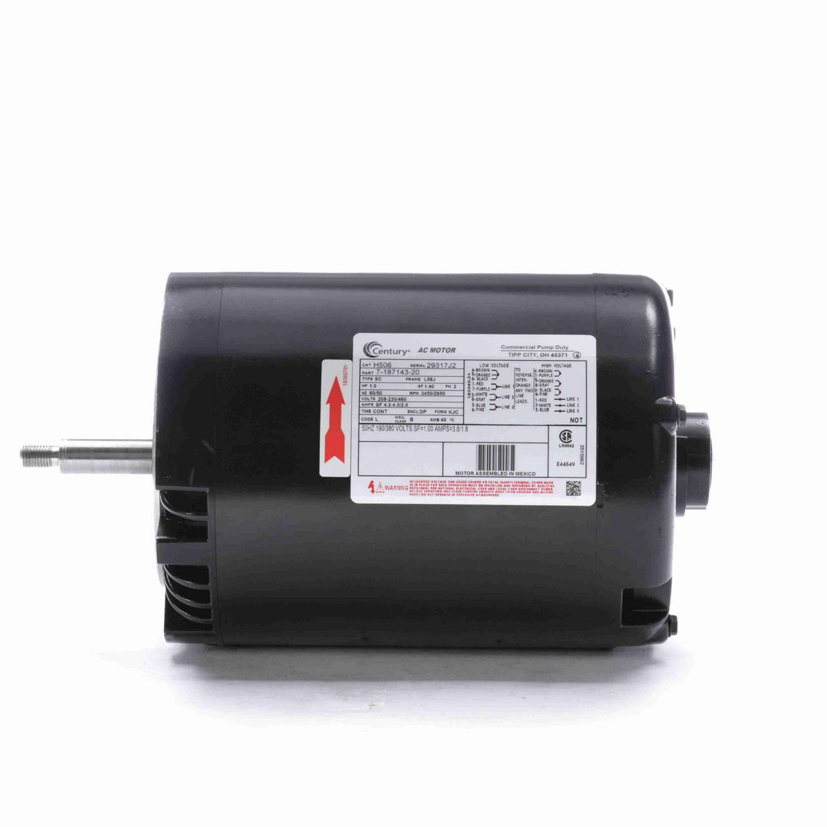 Century General Purpose Pump Motor, 1.0 HP, 3 Ph, 60 Hz, 208-230/460 V, 3600 RPM, L56J Frame, DP - H506