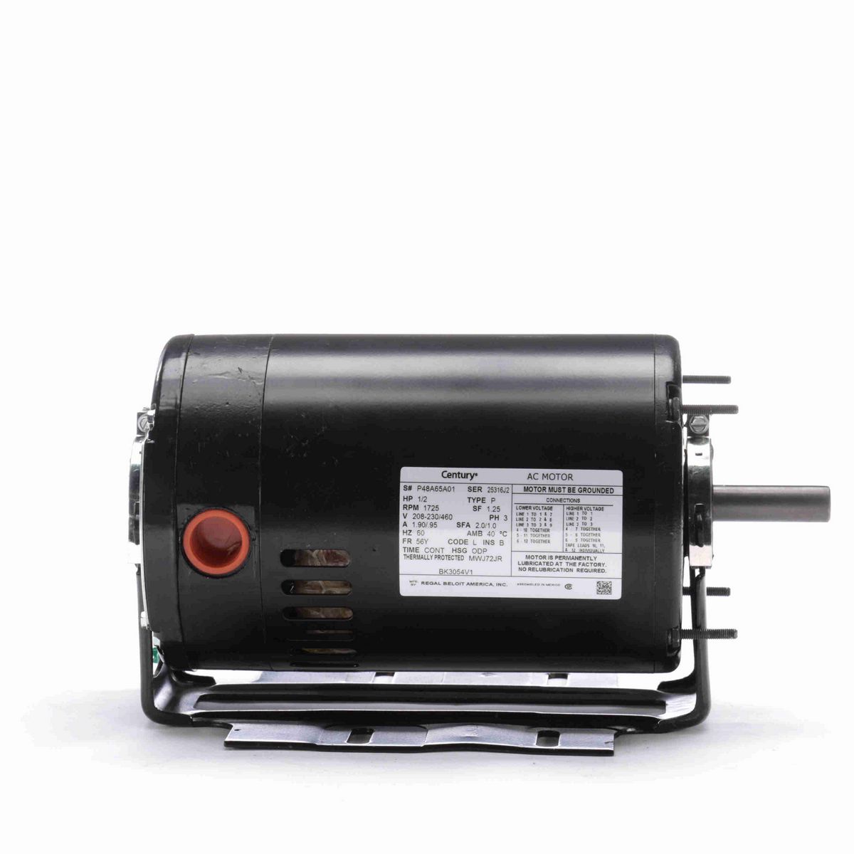 Century Fan and Blower Motor, 1/2 HP, 3 Ph, 60 Hz, 208-230/460 V, 1800 RPM, 56Y Frame, ODP - BK3054V1