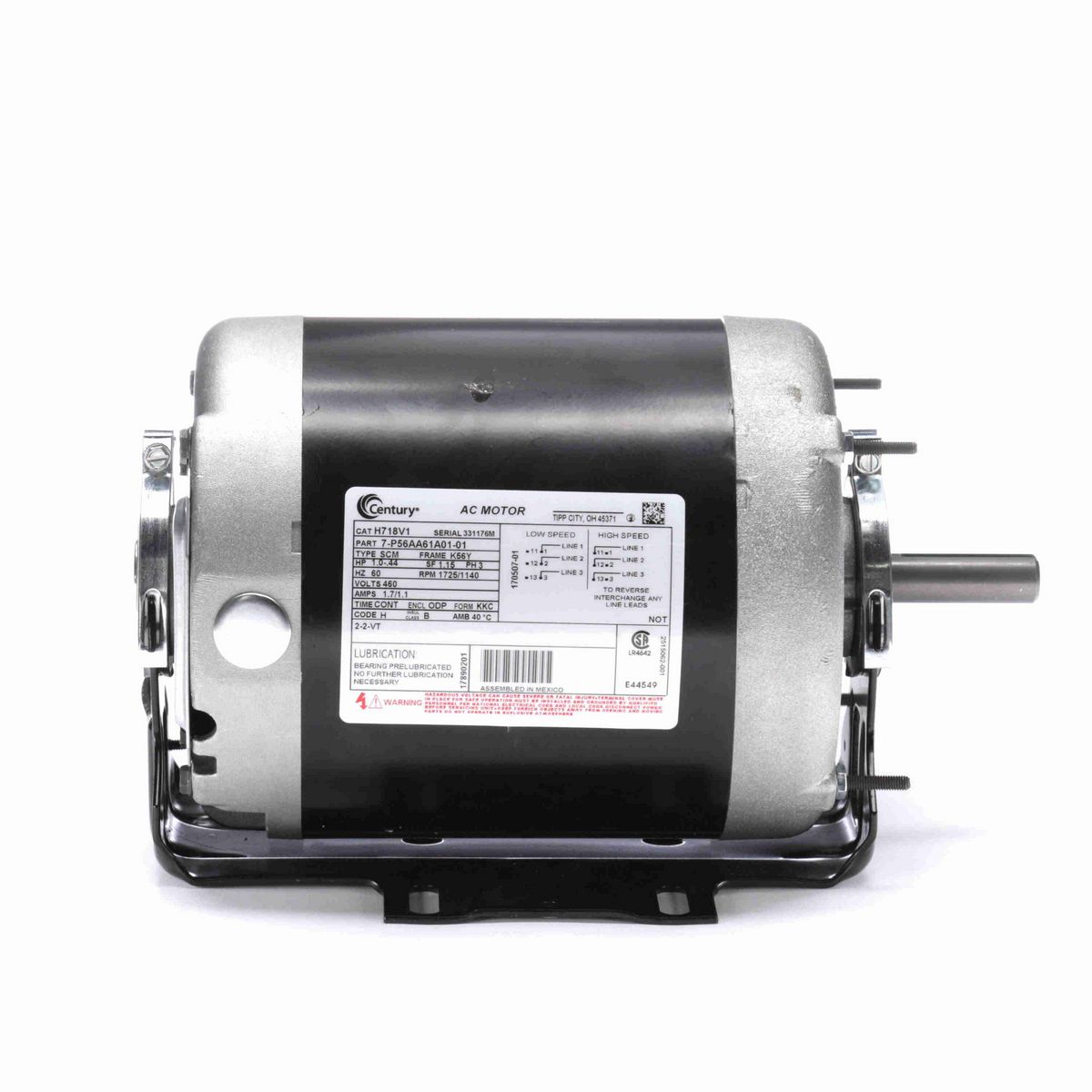 Century Fan and Blower Motor, 1.0-.44 HP, 3 Ph, 60 Hz, 460 V, 1800 RPM, K56Y Frame, ODP - H718V1