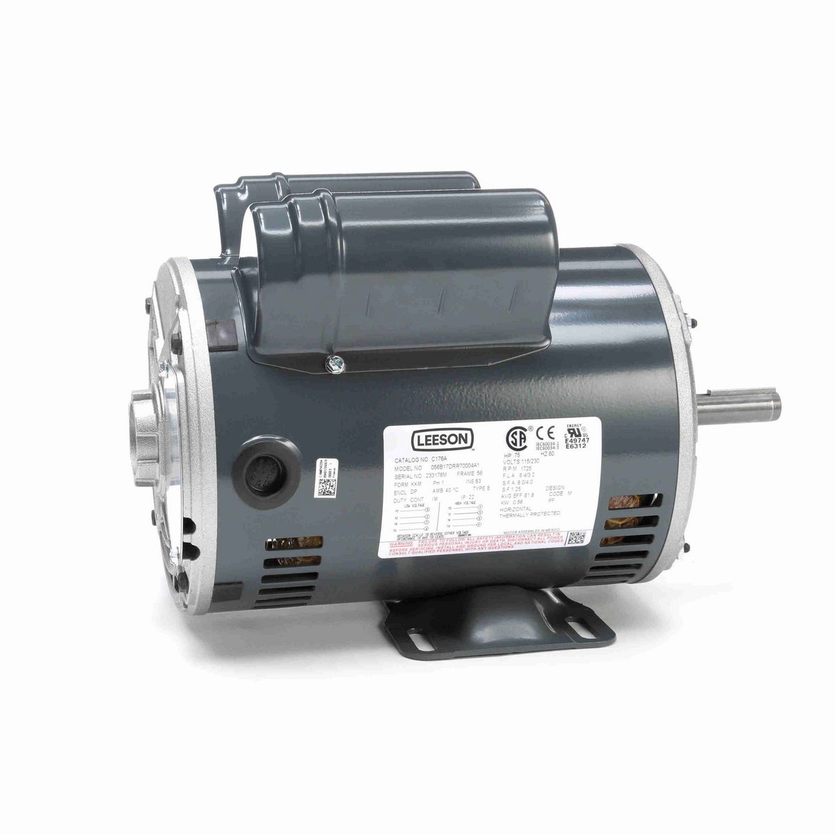 LEESON General Purpose Motor, 0.75 HP, 1 Ph, 60 Hz, 115/208-230 V, 1800 RPM, 56 Frame, DP - C176A