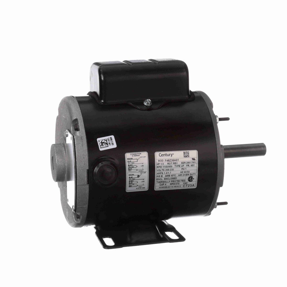 Century Transformer Cooling Fan Motor, 1/3 HP, 1 Ph, 60/50 Hz, 208-230 V, 1140/950 RPM, 2 Speed, 48 Frame, TEAO - C723A
