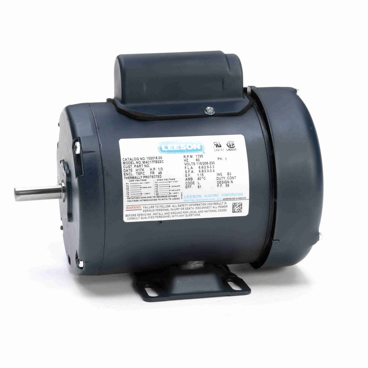 LEESON General Purpose Motor, 0.33 HP, 1 Ph, 60 Hz, 115/230 V, 1800 RPM, 48 Frame, TEFC - 102018.00