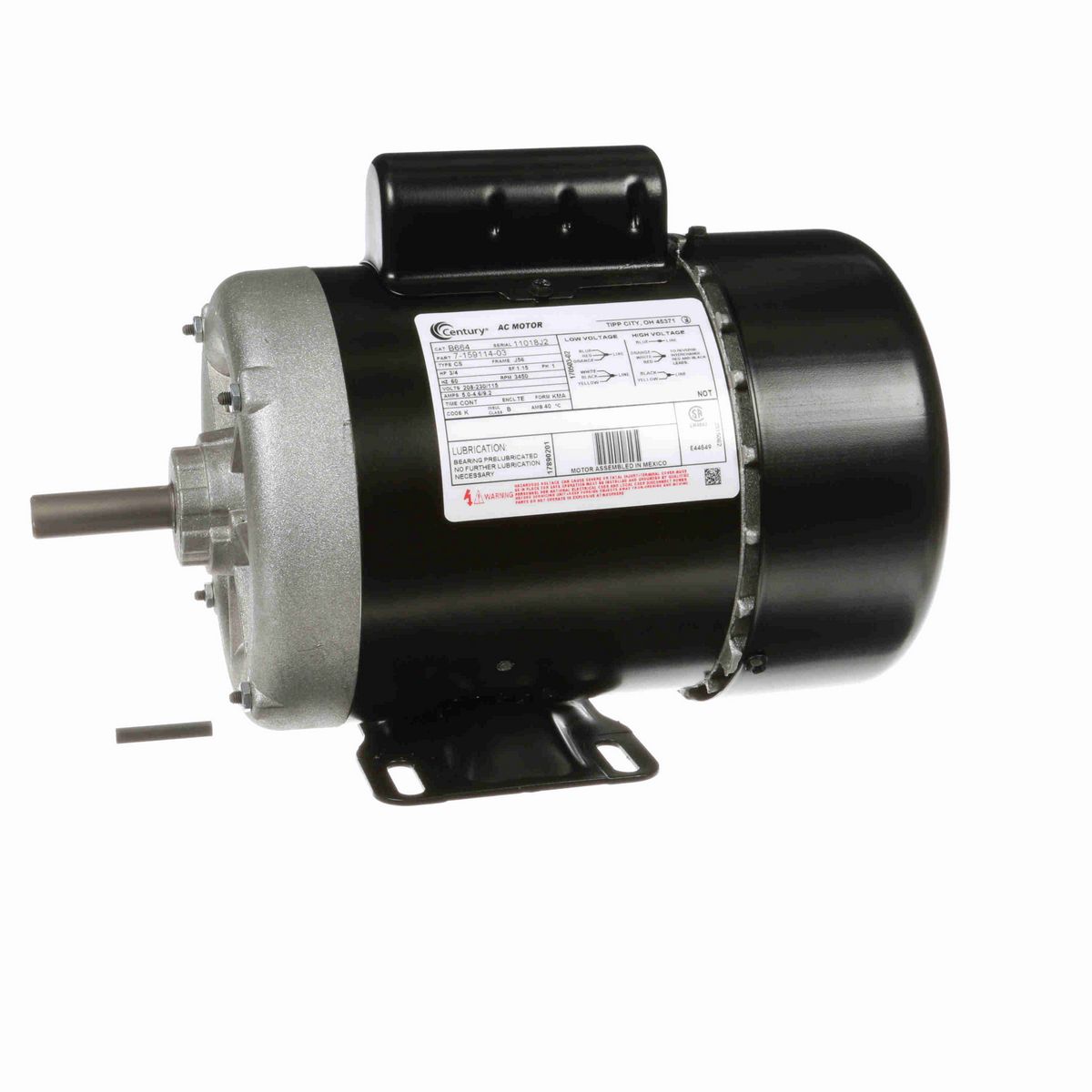 Century General Purpose Motor, 3/4 HP, 1 Ph, 60 Hz, 208-230/115 V, 3600 RPM, J56 Frame, TEFC - B664