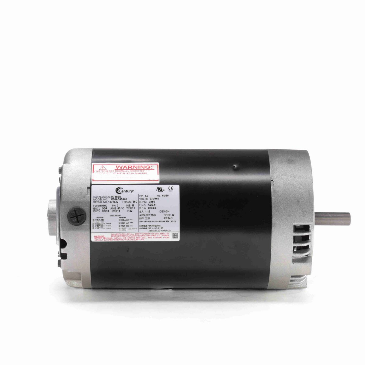 Century General Purpose Pump Motor, 3.0 HP, 3 Ph, 60/50 Hz, 230/460 V, 3600 RPM, 56C Frame, ODP - H736ES