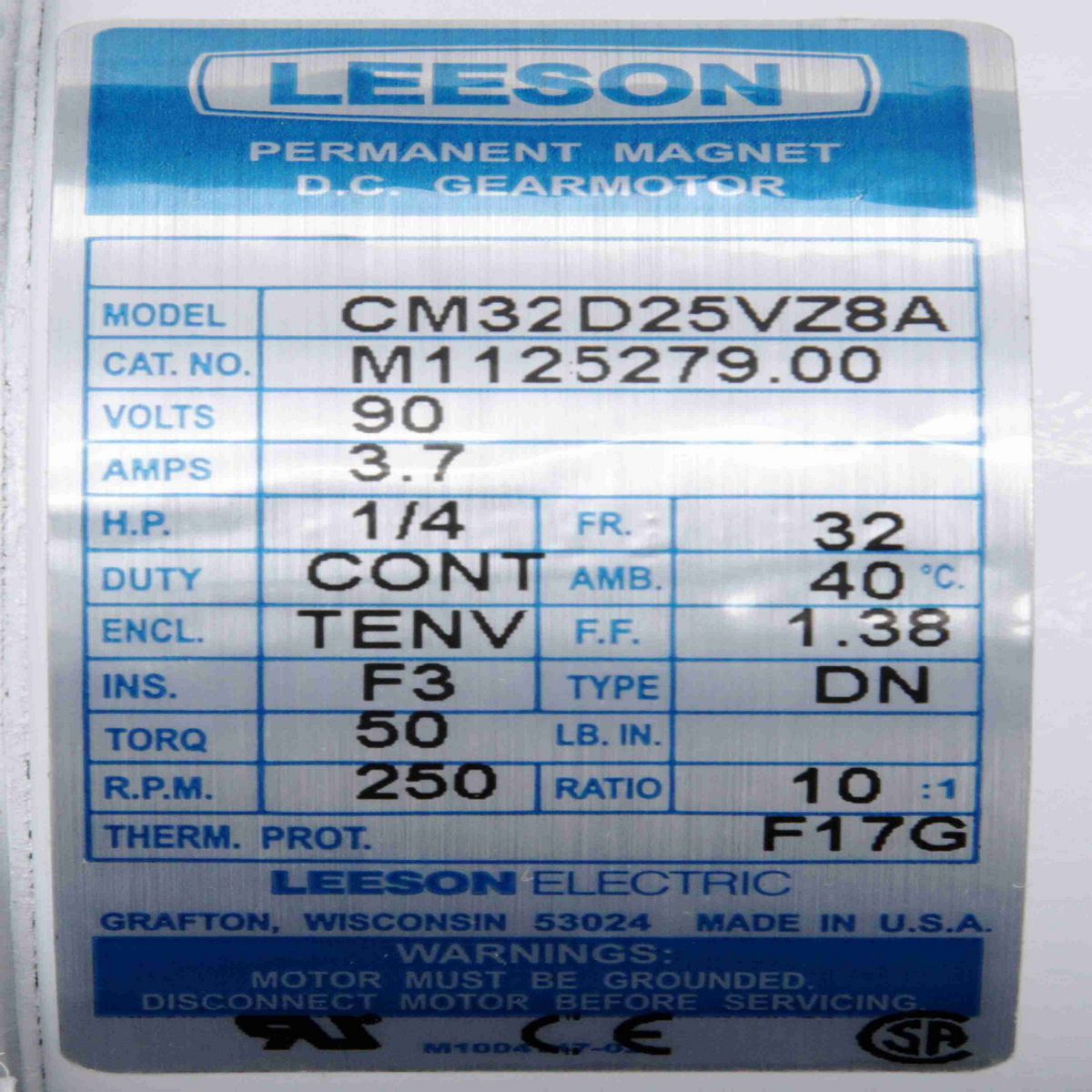 LEESON White Duck™ Right Angle Gearmotor, 0.25 HP, 90 V, 250 RPM, 32 Frame - M1125279.00