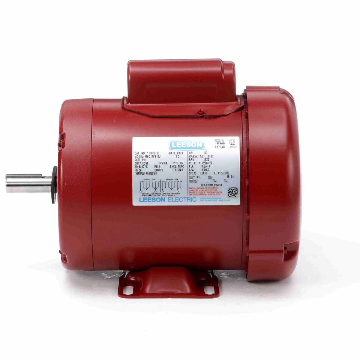 LEESON Agricultural Motor, 0.50 HP, 1 Ph, 60 Hz, 115/230 V, 1800 RPM, 56 Frame, TEFC - 110086.00