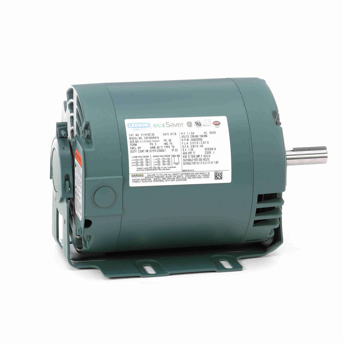 LEESON ecoSaver™ General Purpose Motor, 1 & 0.75 HP, 3 Ph, 60 & 50 Hz, 230/460 & 190/380 V, 3600 & 3000 RPM, 56 Frame, DP - E114192.00