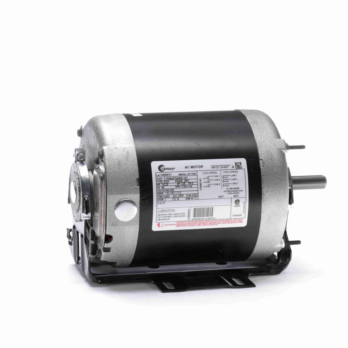 Century Fan and Blower Motor, 1/2.22 HP, 3 Ph, 60 Hz, 200-230 V, 1800 RPM, J56Y Frame, ODP - H655V1