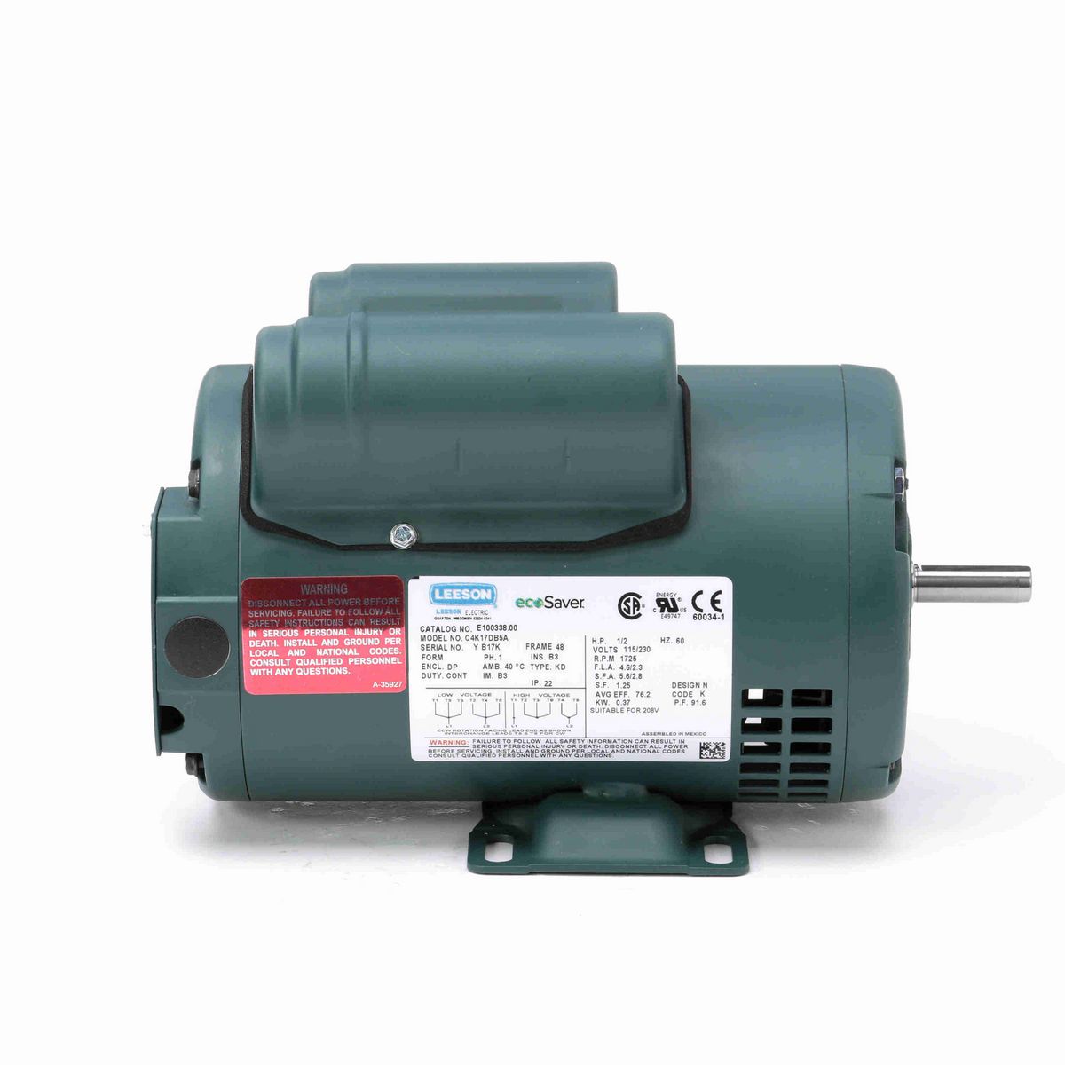 LEESON ecoSaver™ General Purpose Motor, 0.50 HP, 1 Ph, 60 Hz, 115/230 V, 1800 RPM, 48 Frame, DP - E100338.00