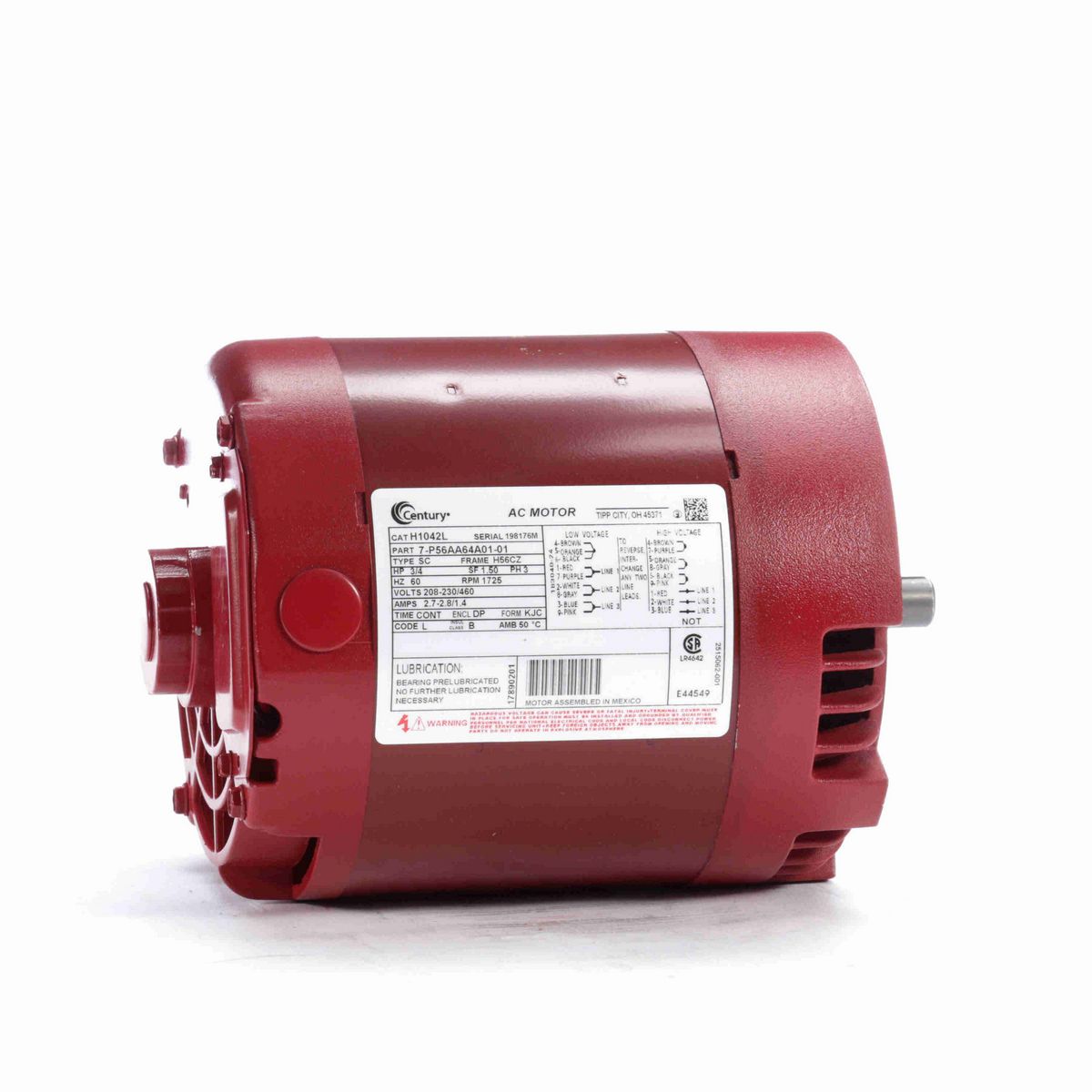 Century Circulator Pump Motor, 3/4 HP, 3 Ph, 60 Hz, 208-230/460 V, 1800 RPM, H56CZ Frame, DP - H1042L