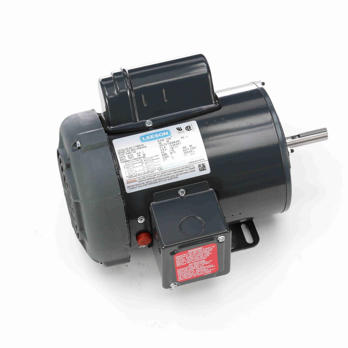 LEESON Agricultural Motor, 1 HP, 1 Ph, 60 Hz, 115/230 V, 1800 RPM, 56 Frame, TEFC - 117865.00