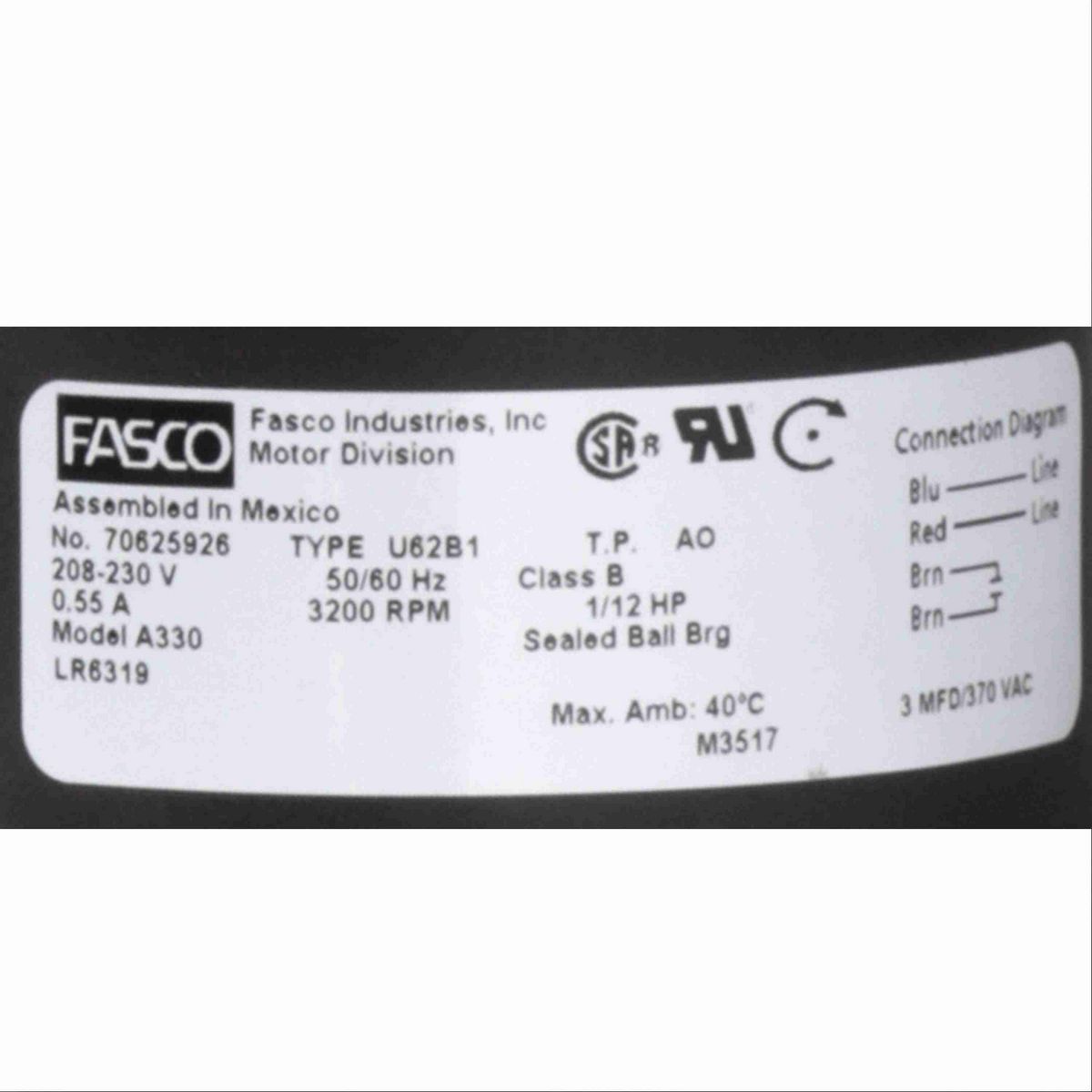 FASCO Rectangular Outlet Permanent Split Capacitor OEM Replacement Draft Inducer Blower, 208-230 Volts, Flange: No - A330