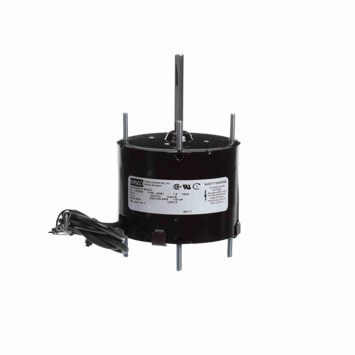 FASCO Fan and Blower Motor, 1/50 HP, 1 Ph, 60 Hz, 230 V, 1550/1250 RPM, 1 Speed, 3.3" Diameter, TEAO - D624