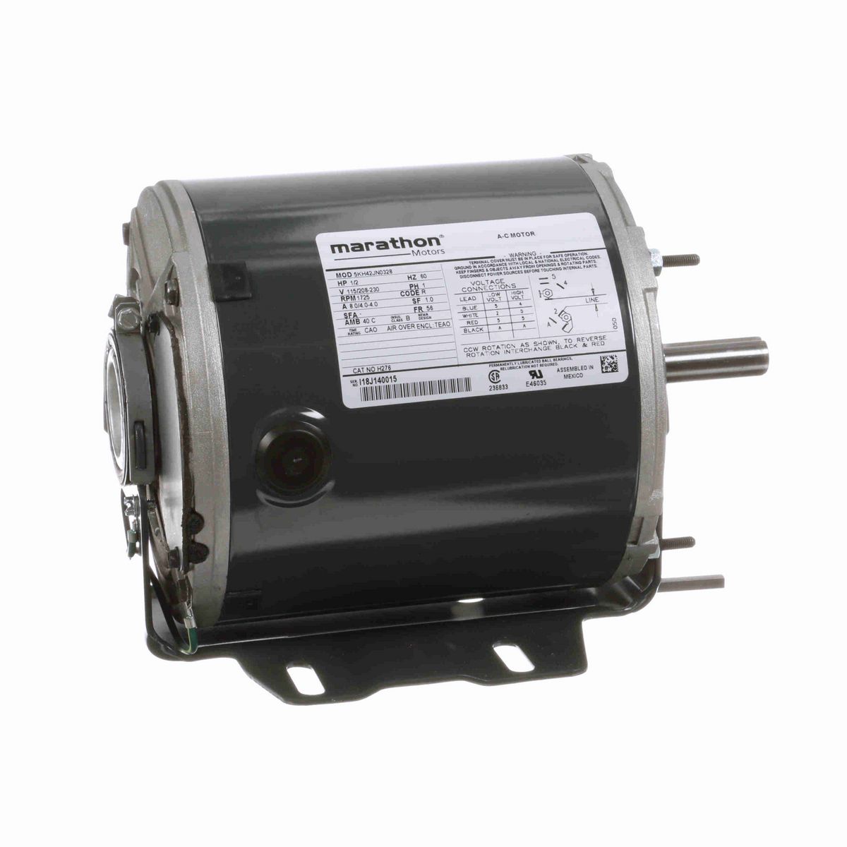 LEESON General Purpose Farm Duty Motor, 0.50 HP, 1 Ph, 60 Hz, 115/208-230 V, 1800 RPM, 56 Frame, TEAO - H276