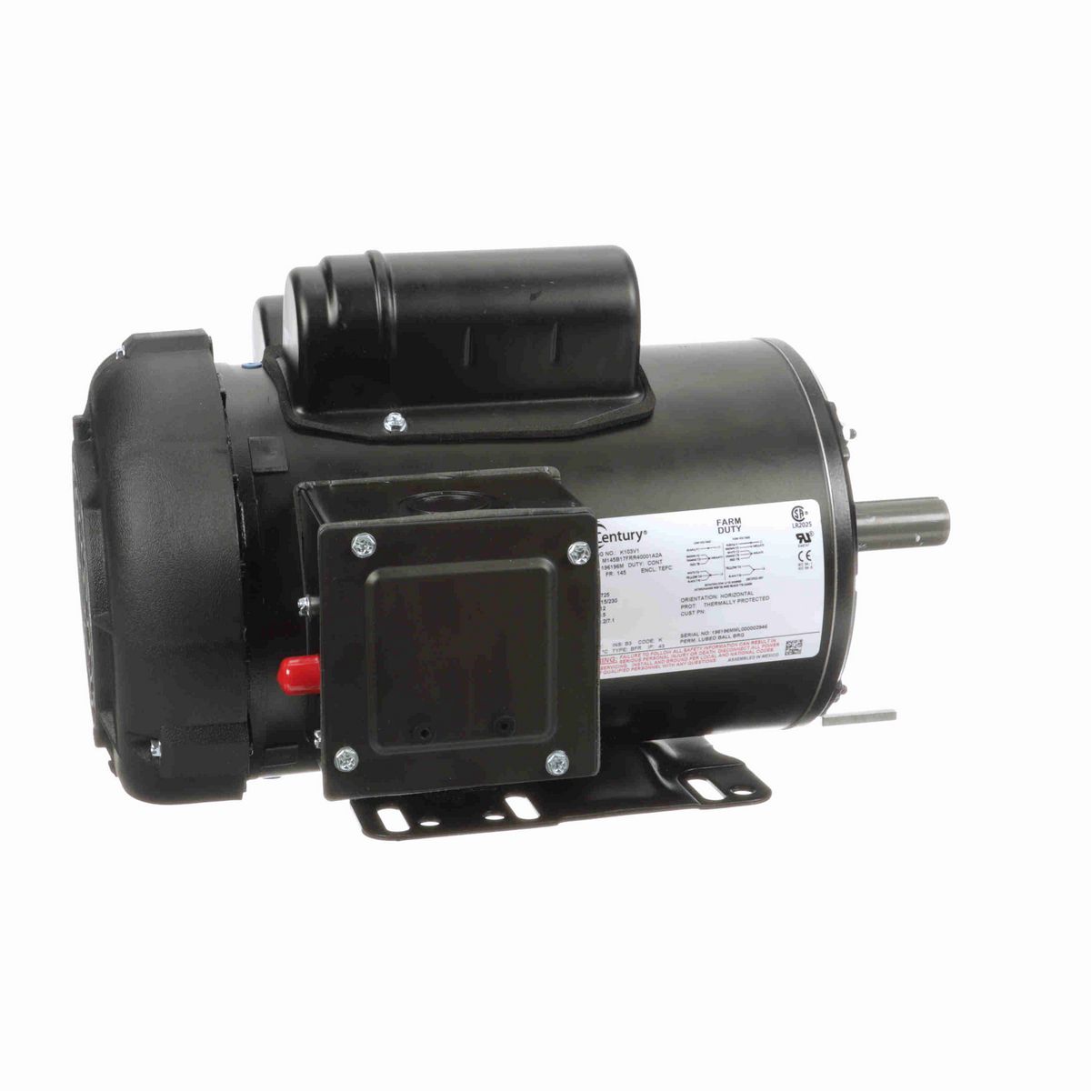 Century General Purpose Farm Duty Motor, 1.5 HP, 1 Ph, 60 Hz, 115/230 V, 1800 RPM, 145 Frame, TEFC - K103V1