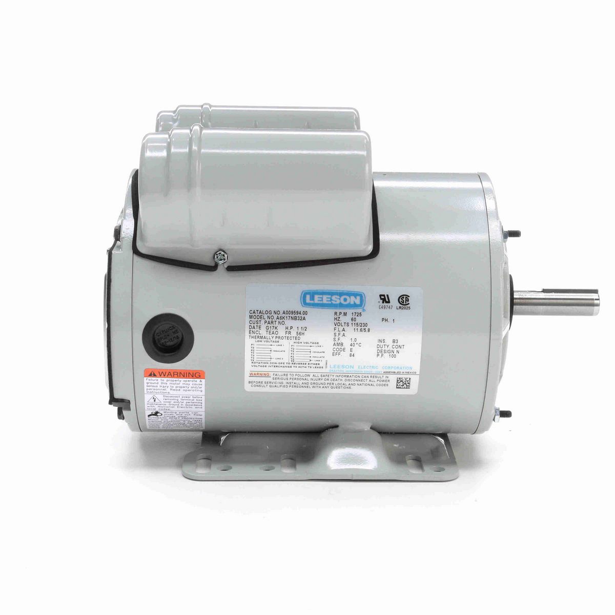 LEESON Agricultural Motor, 1.50 HP, 1 Ph, 60 Hz, 115/230 V, 1800 RPM, 56H Frame, TEAO - A009594.00