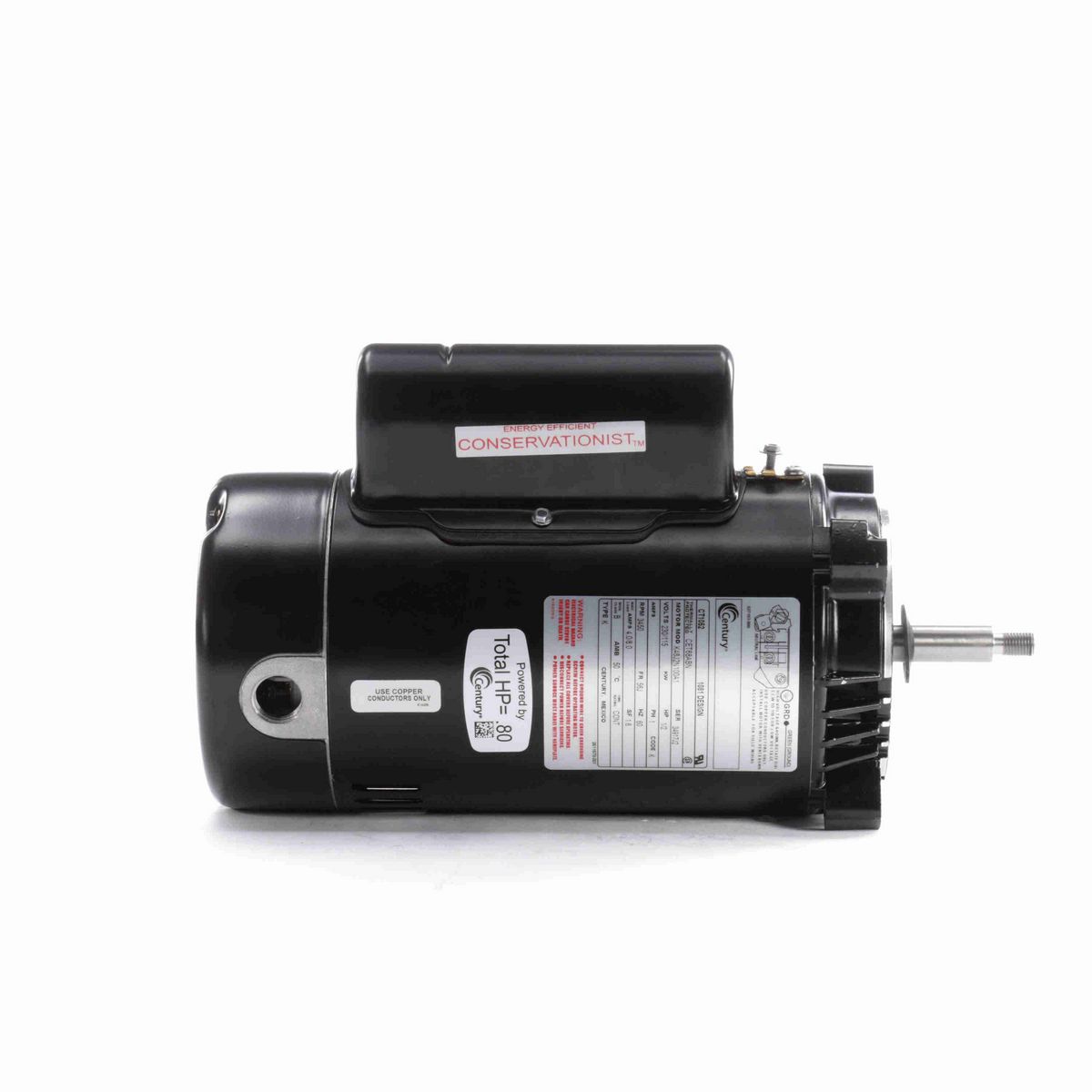 Century Pool Pump Motor, 1/2 HP, 1 Ph, 60 Hz, 230/115 V, 3600 RPM, 56J Frame, ODP - CT1052
