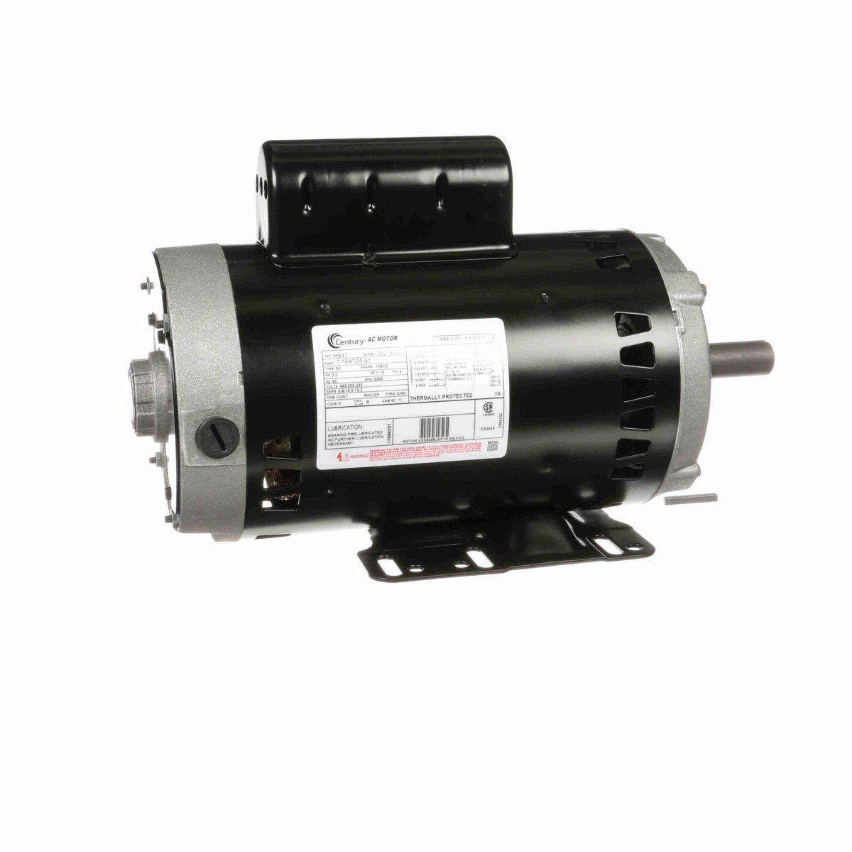 Century General Purpose Motor, 5.0 HP, 3 Ph, 60 Hz, 460/208-230 V, 3600 RPM, Y56HZ Frame, DP - H847