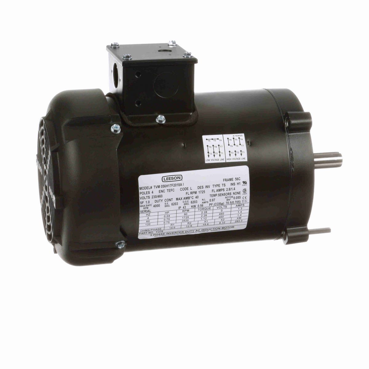 LEESON Speed Ratio Motor, 0.75 HP, 3 Ph, 60 Hz, 230/460 V, 1800 RPM, 56C Frame, TEFC - Y376