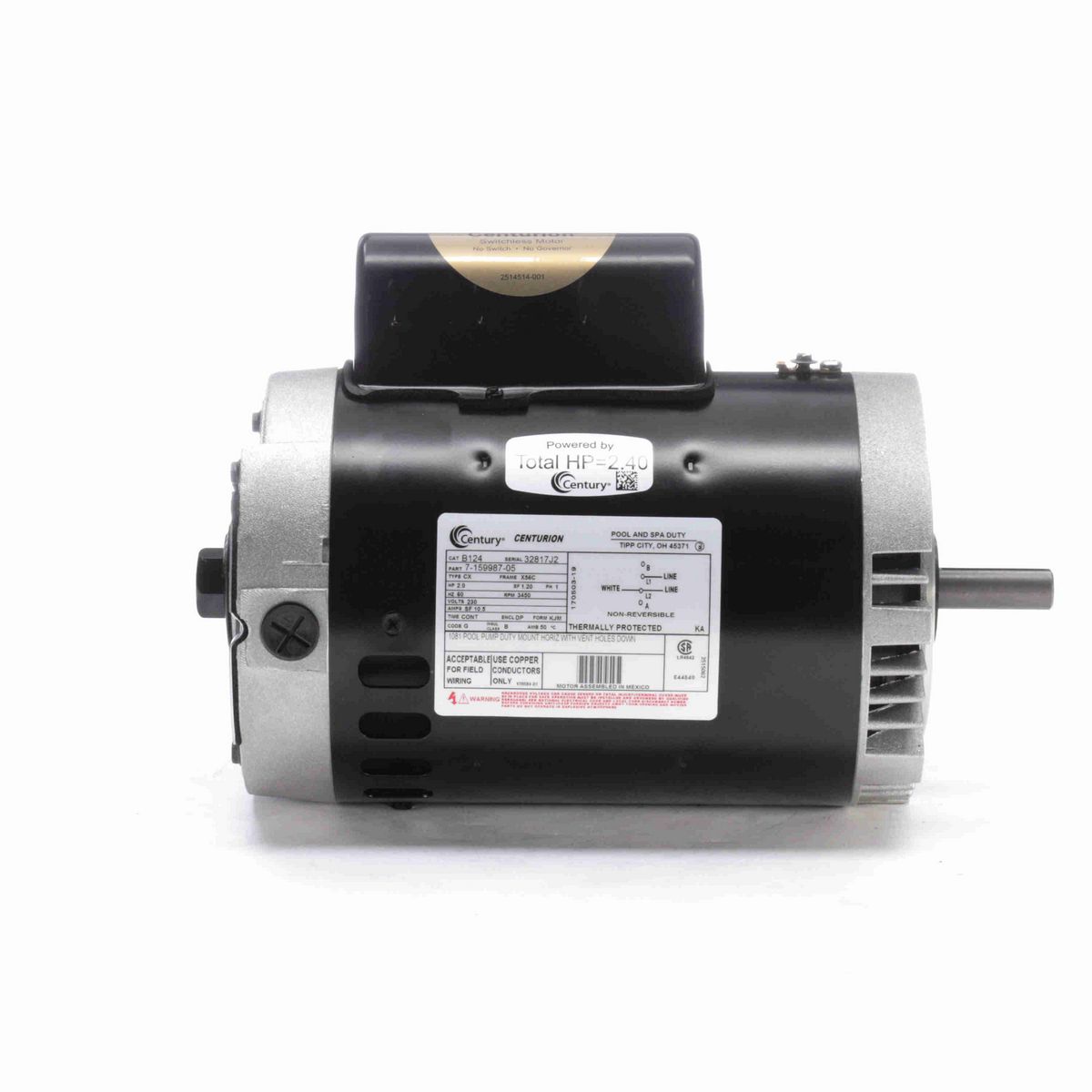 Century Pool Pump Motor, 2.0 HP, 1 Ph, 60 Hz, 230 V, 3600 RPM, X56C Frame, DP - B124