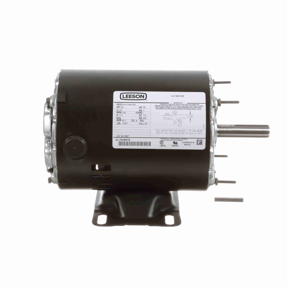 LEESON General Purpose Motor, 0.75 HP, 1 Ph, 60 Hz, 115 V, 1800 RPM, 56Z Frame, DP - H907