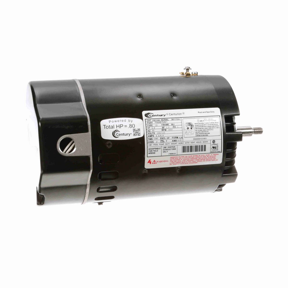 Century Pool Pump Motor, 0.8 HP, 1 Ph, 60 Hz, 230/115 V, 3600 RPM, 56J Frame, DP - HBC080