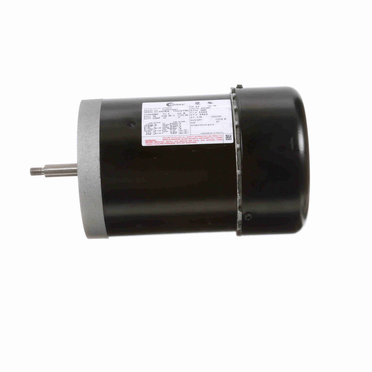 Century General Purpose Pump Motor, 2.0 HP, 3 Ph, 60 Hz, 230/460 V, 3600 RPM, F56J Frame, TEFC - H706ES