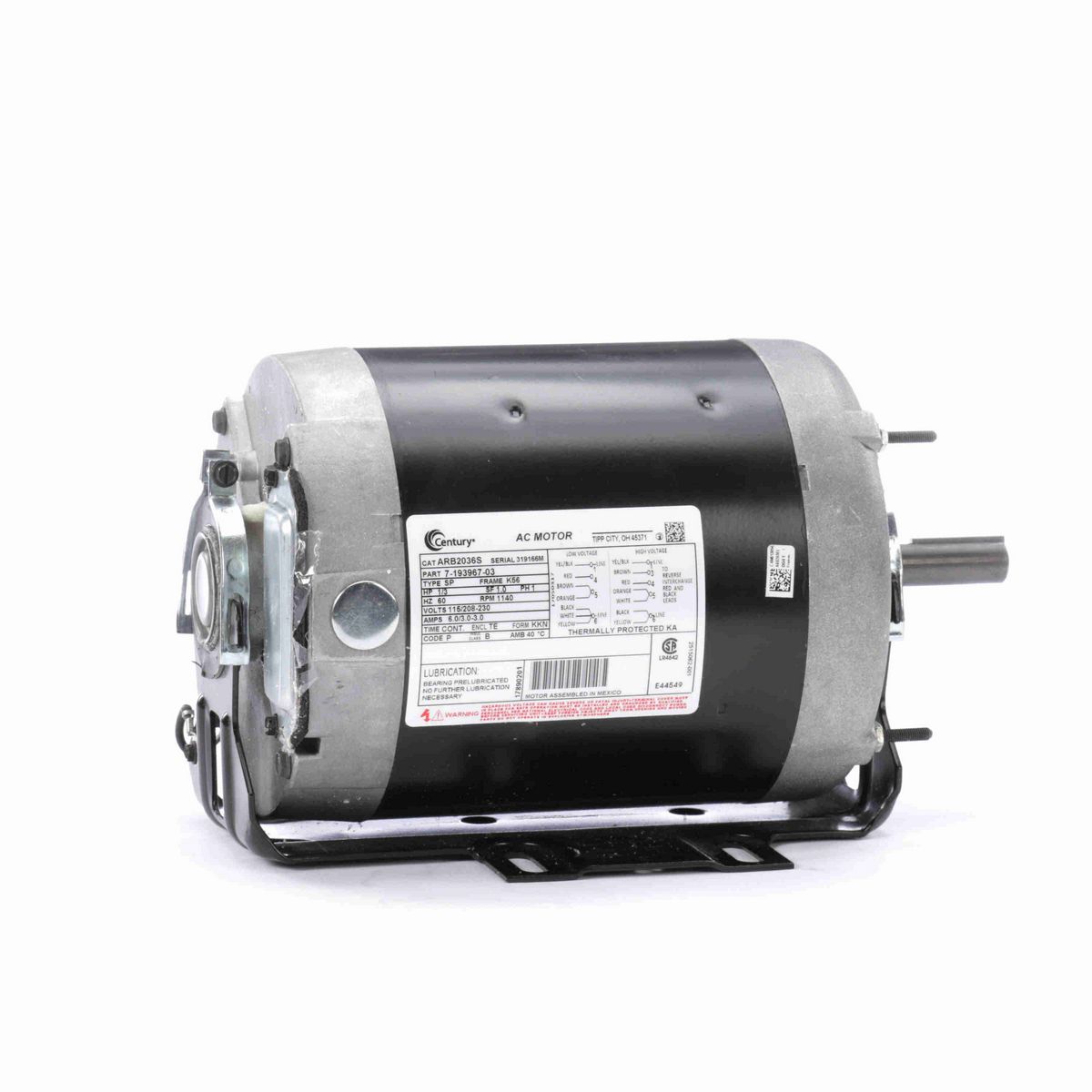 Century Fan and Blower Motor, 1/3 HP, 1 Ph, 60 Hz, 115/208-230 V, 1200 RPM, K56 Frame, TEAO - ARB2036S