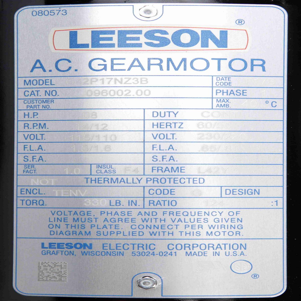 LEESON Parallel Shaft Gearmotor, 0.08 HP, 1 Ph, 60 Hz, 110 V, 14 RPM, L42Y Frame, TENV - 096002.00