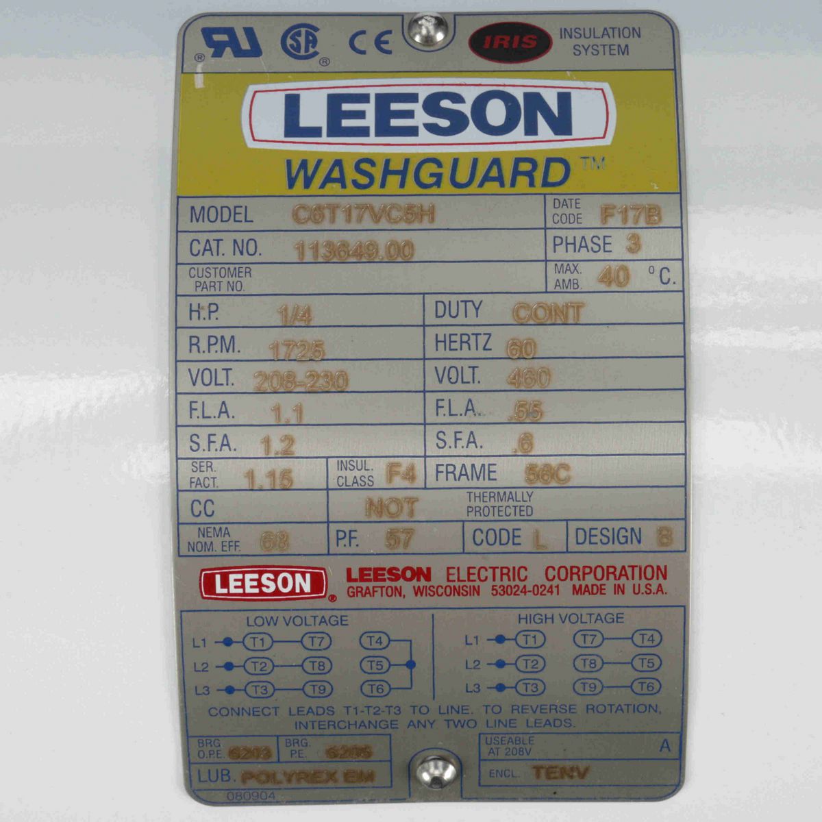 LEESON White Duck™ General Purpose Motor, 0.25 HP, 3 Ph, 60 Hz, 230/460 V, 1800 RPM, 56C Frame, TENV - 113649.00