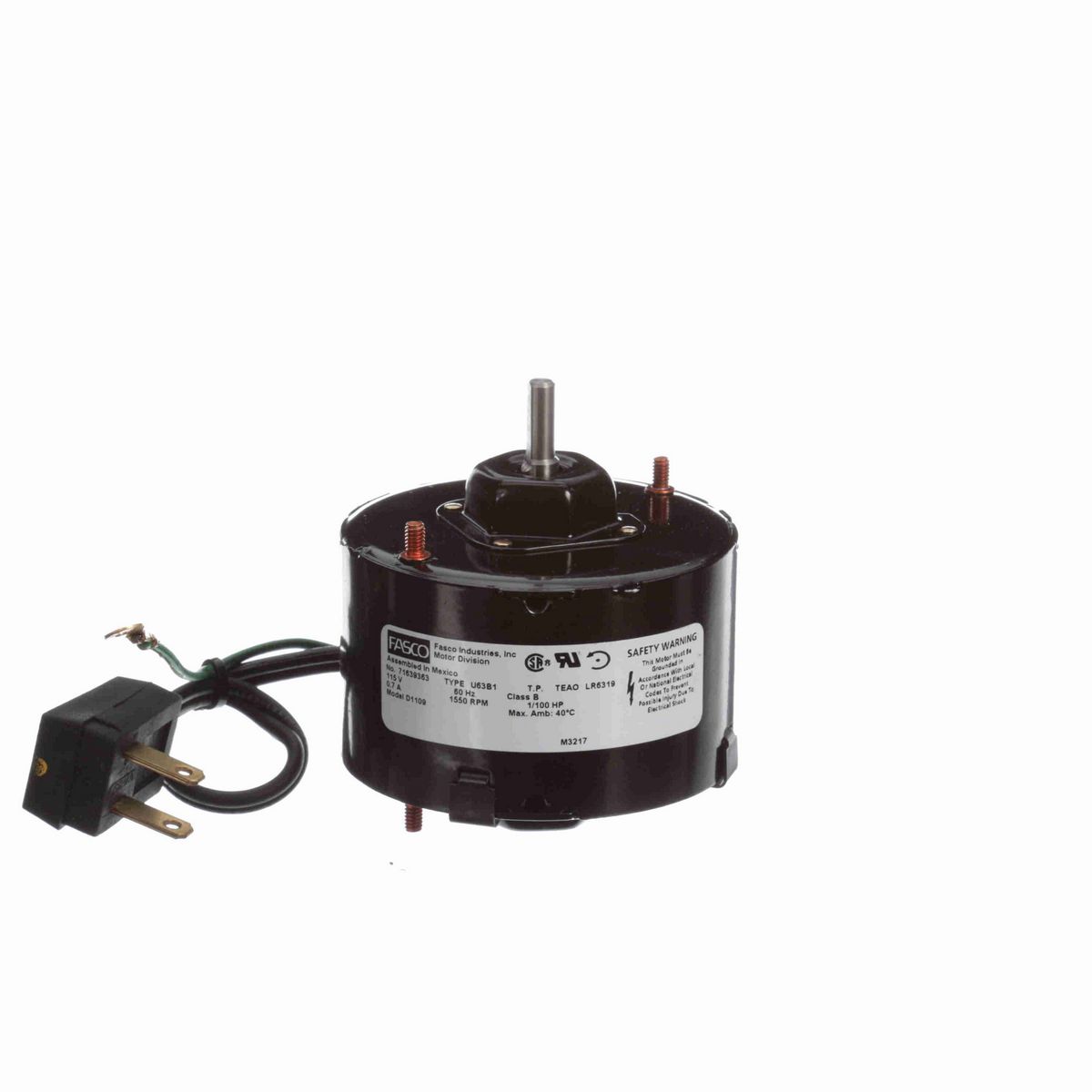 FASCO OEM Replacement Motor, 1/100 HP, 1 Ph, 60 Hz, 115 V, 1550 RPM, 1 Speed, 3.3" Diameter, TEAO - D1109