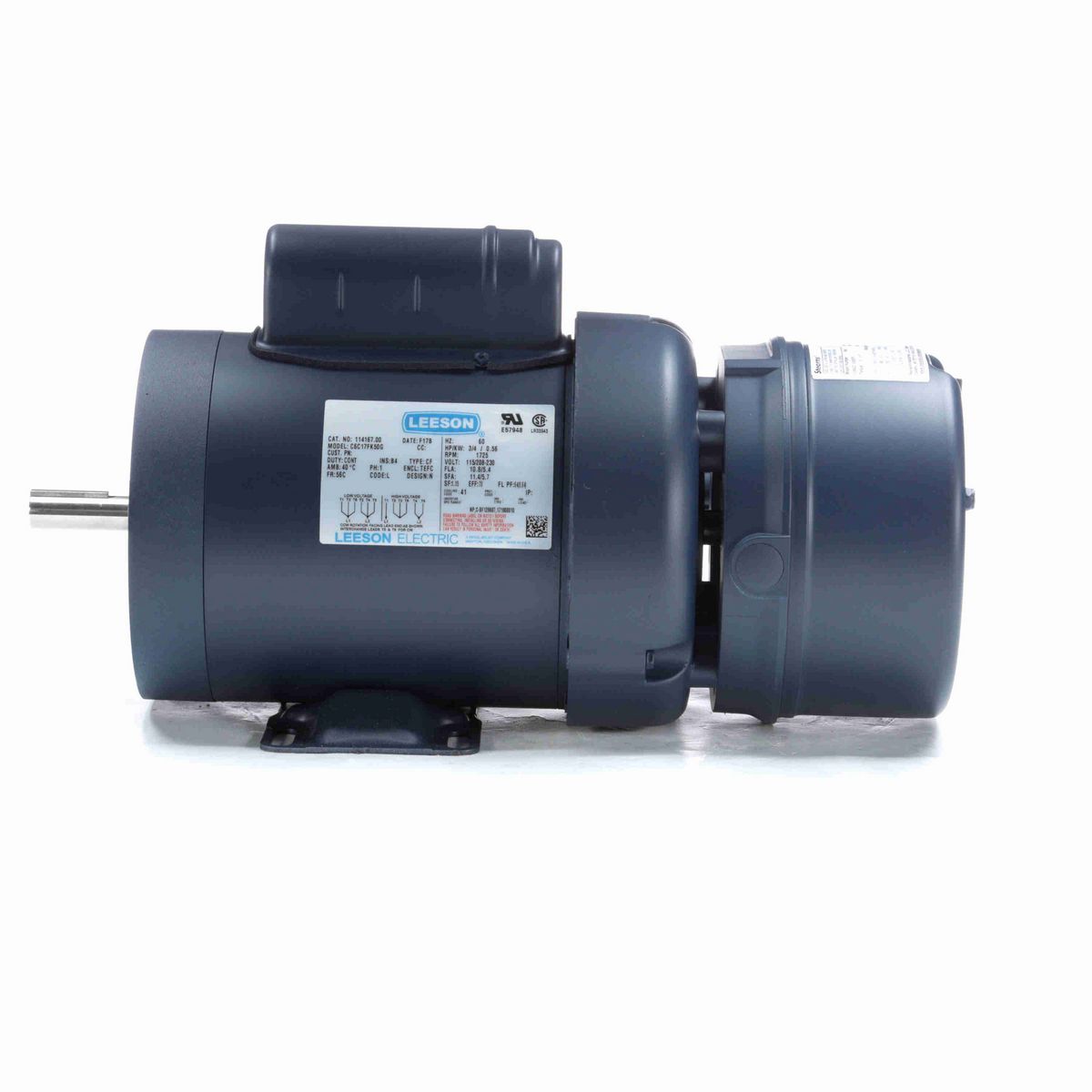 LEESON Brake Motor, 0.75 HP, 1 Ph, 60 Hz, 115/230 V, 1800 RPM, 56C Frame, TEFC - 114167.00