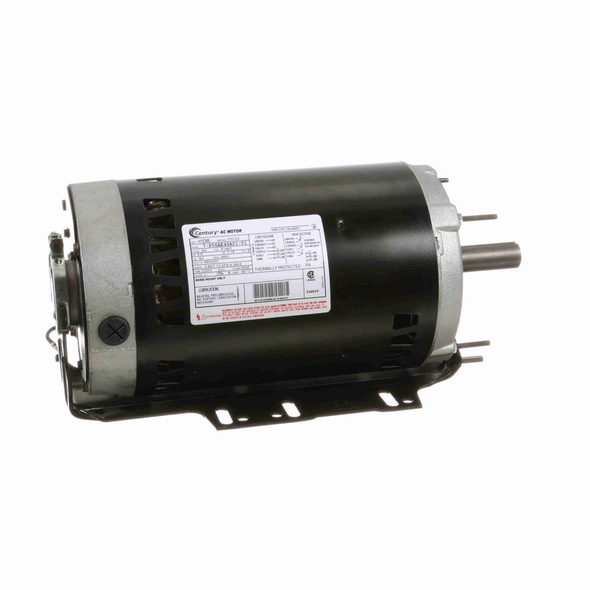 Century General Purpose Motor, 3.0 HP, 3 Ph, 60 Hz, 460/230 V, 3600 RPM, P145T Frame, ODP - H1038E
