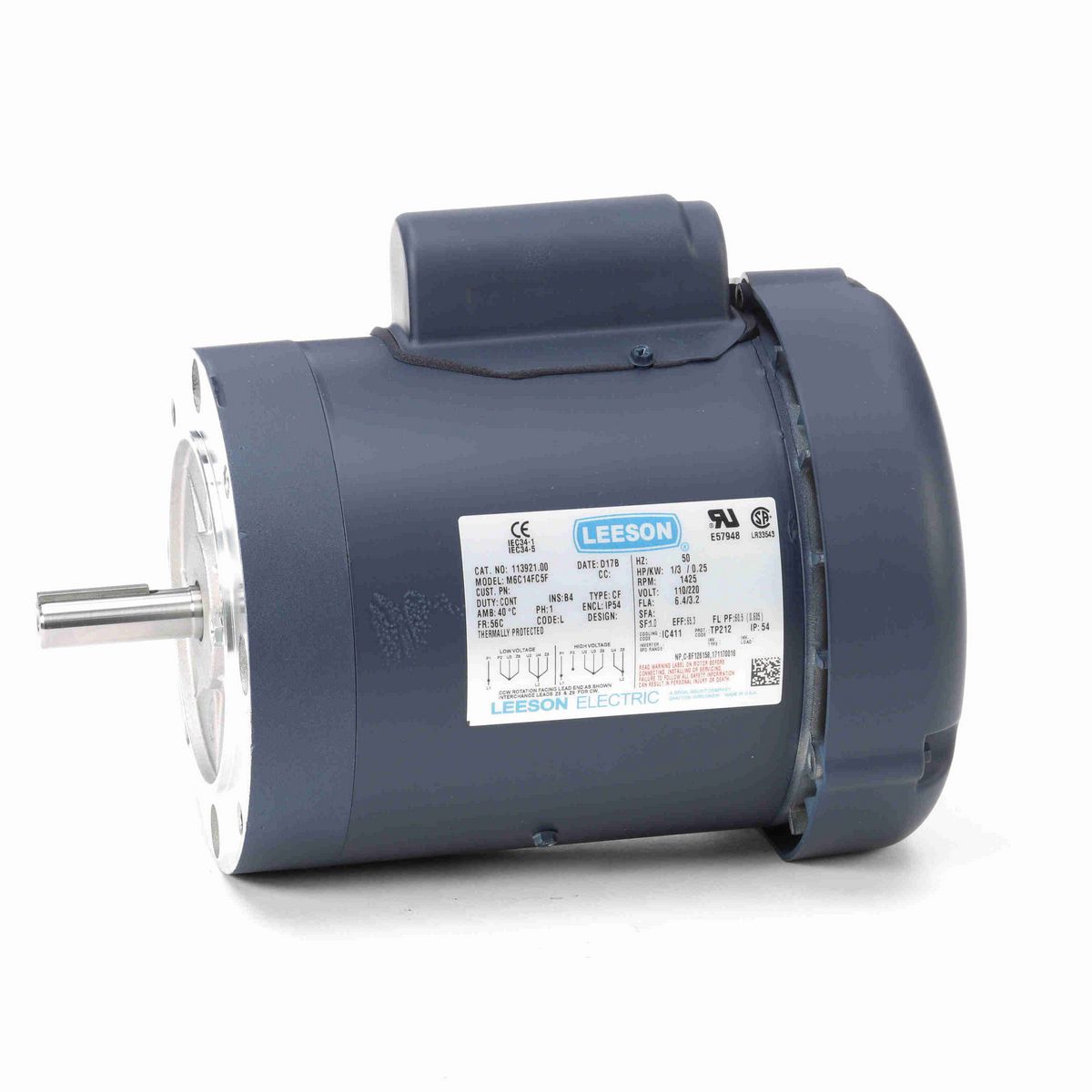 LEESON Special Voltage Motor, 0.33 HP, 1 Ph, 50 Hz, 110/220 V, 1500 RPM, 56C Frame, TEFC - 113921.00