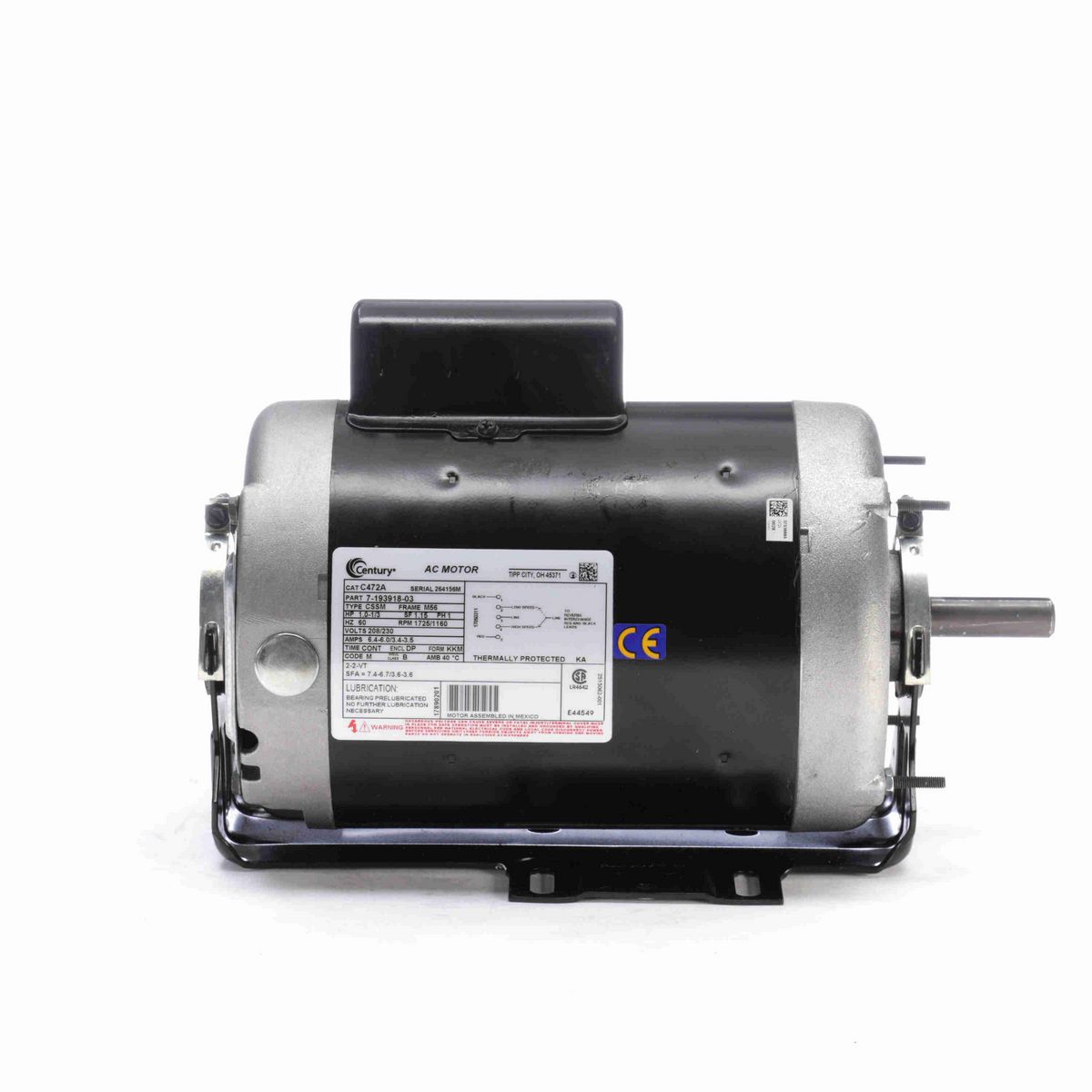 Century Fan and Blower Motor, 1.0-1/3 HP, 1 Ph, 60 Hz, 208/230 V, 1800 RPM, M56 Frame, DP - C472A