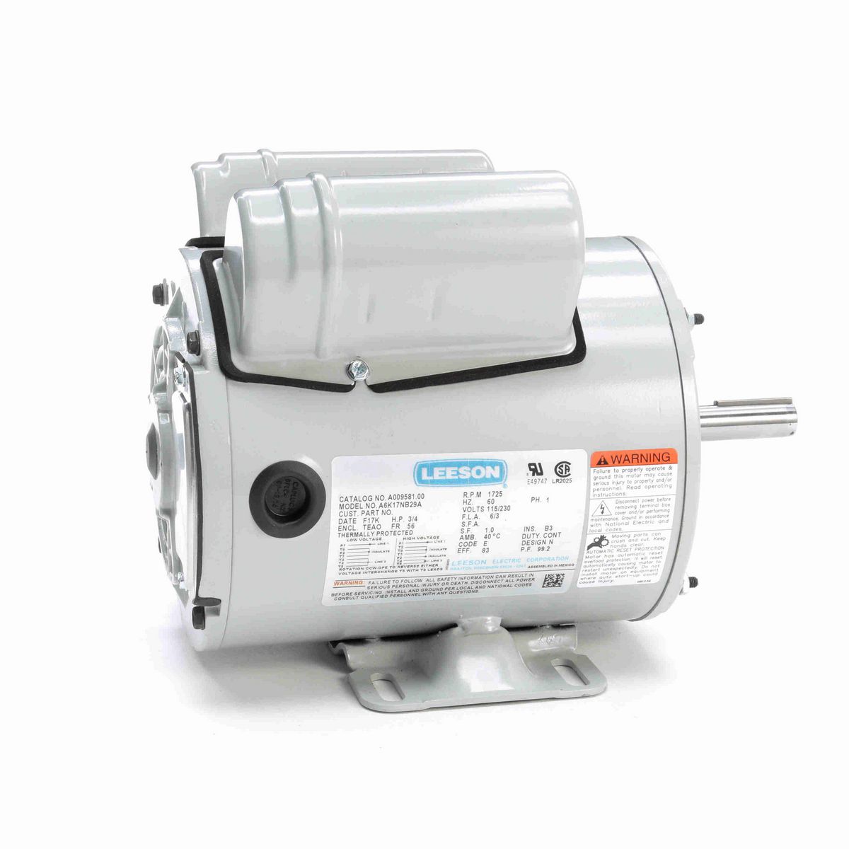 LEESON Agricultural Motor, 0.75 HP, 1 Ph, 60 Hz, 115/230 V, 1800 RPM, 56 Frame, TEAO - A009581.00
