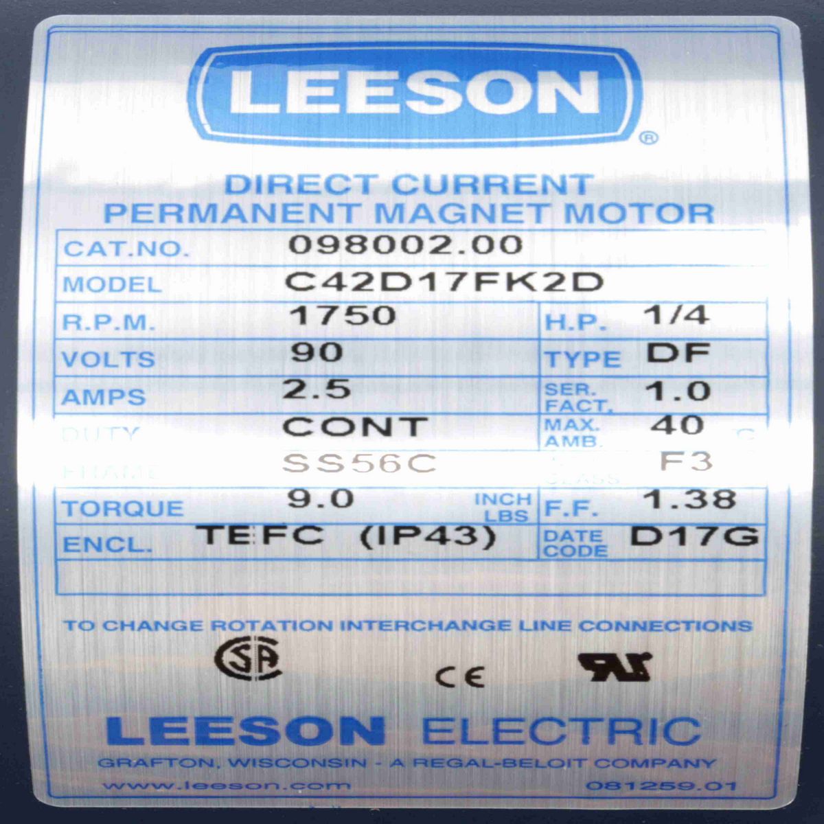LEESON SCR Motor, 0.25 HP, 90 V, 1750 RPM, SS56C Frame, TEFC - 098002.00