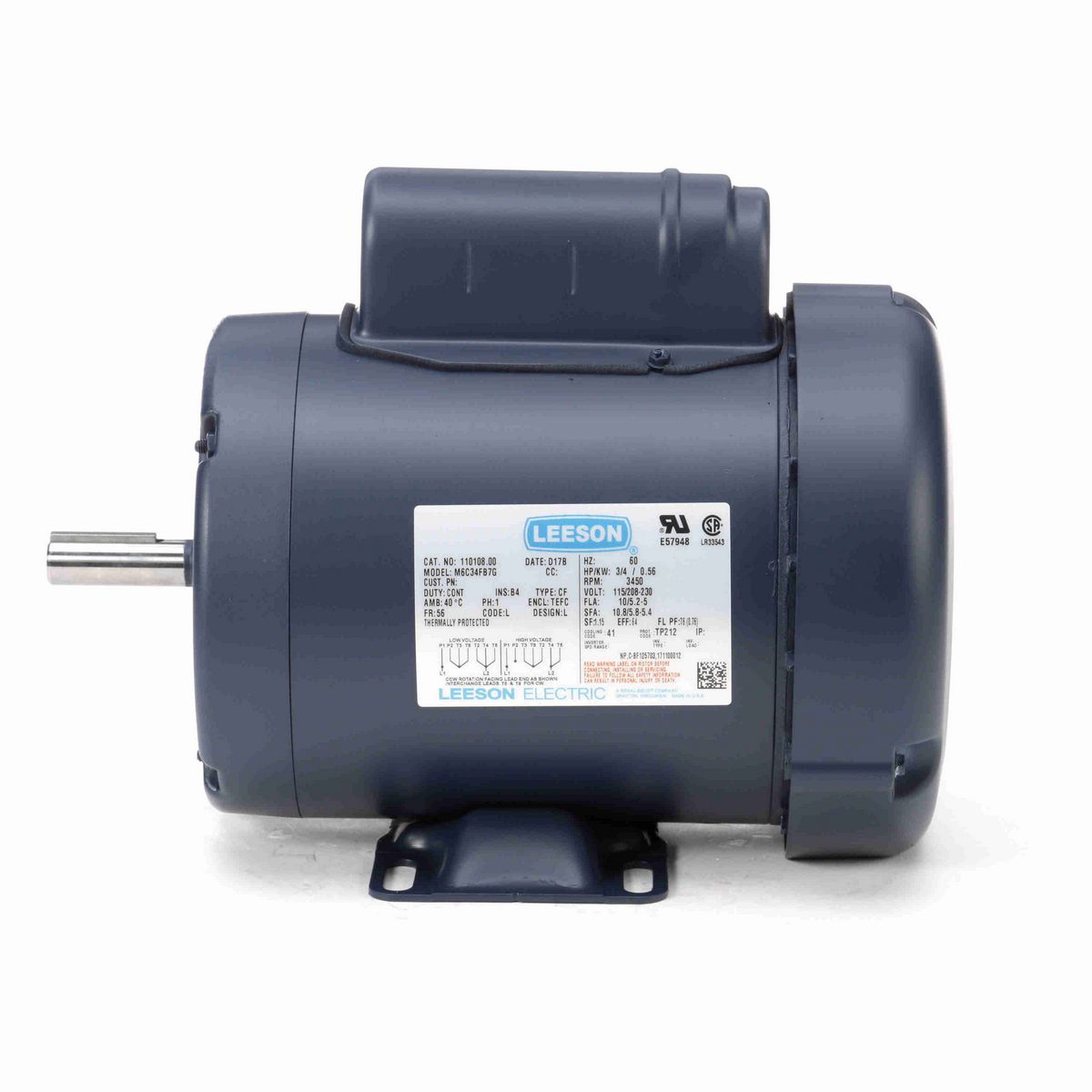 LEESON General Purpose Motor, 0.75 HP, 1 Ph, 60 Hz, 115/230 V, 3600 RPM, 56 Frame, TEFC - 110108.00